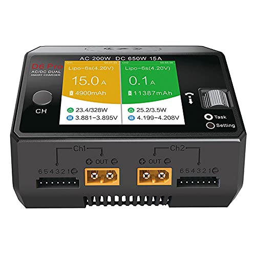HOTA D6 Pro 200W AC/650W DC 15A Lipo Battery Charger for LiHv, NiCd, NiMH - Wireless Phone Charging & Balance Charging - Perfect for RC Cars, Drones, and Hobby Parts
