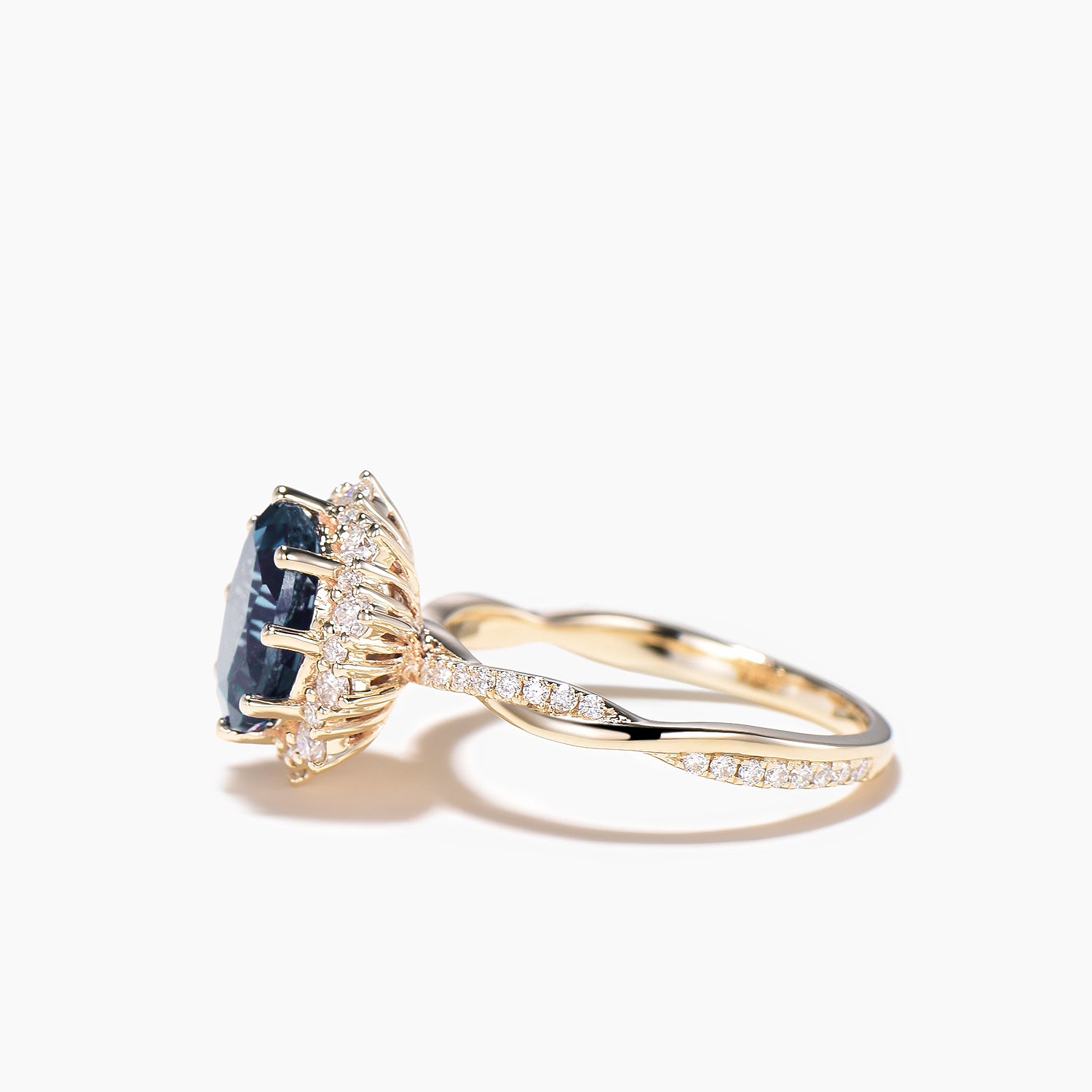 Oval Cut Natural London Blue Topaz Wedding Ring with Diamond Halo & Twisted Band – Perfect for Engagement, Anniversary, and Bridal Jewelry Gifts