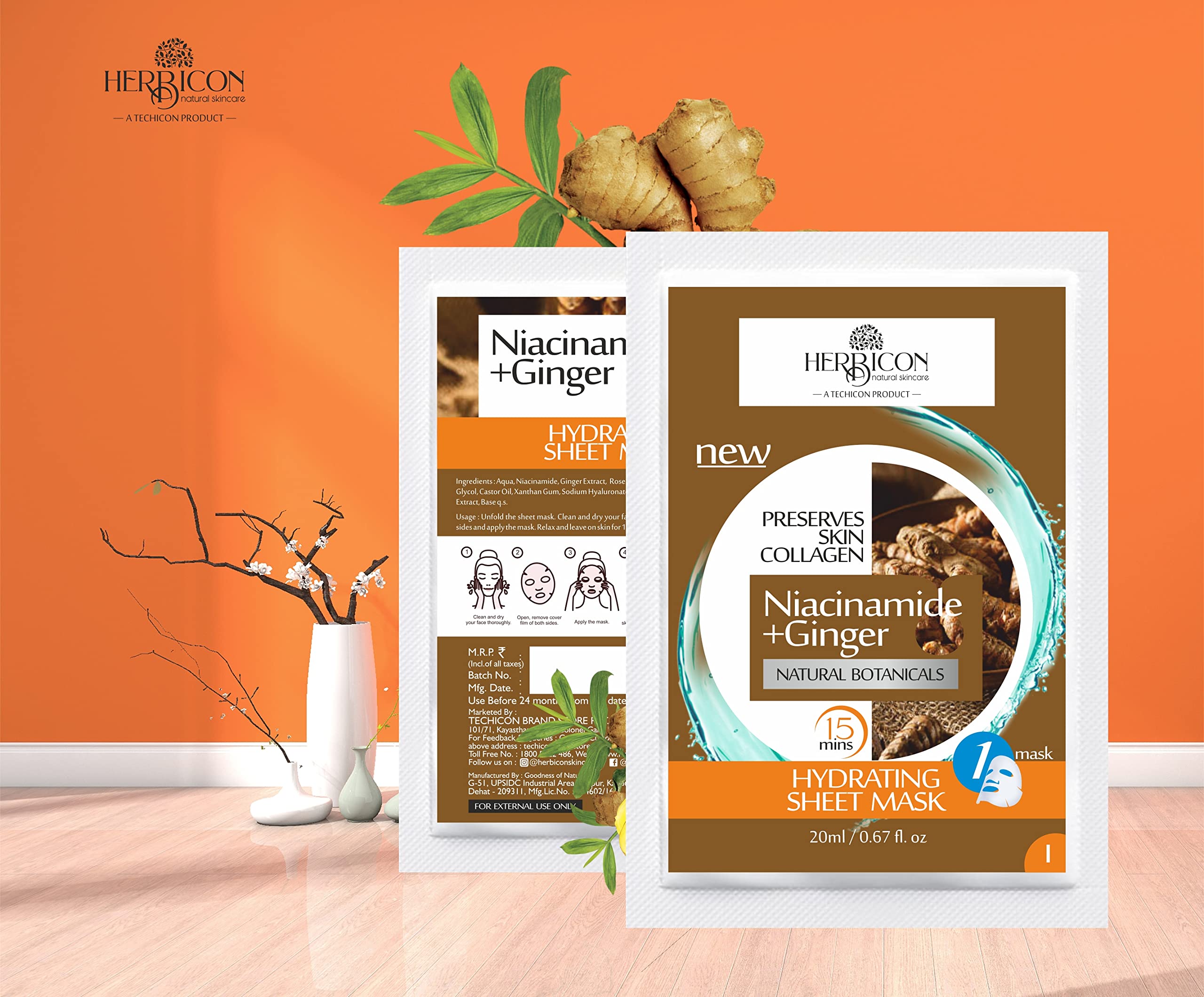 Niacinamide Face Sheet Mask with Ginger Extract for Clear & Glowing Skin - Hydrating Brightening Facial Mask for Acne, Dark Spots & Dullness - Pack of 3 (20g Each) | Perfect for Daily Skincare Routine & Spa Night