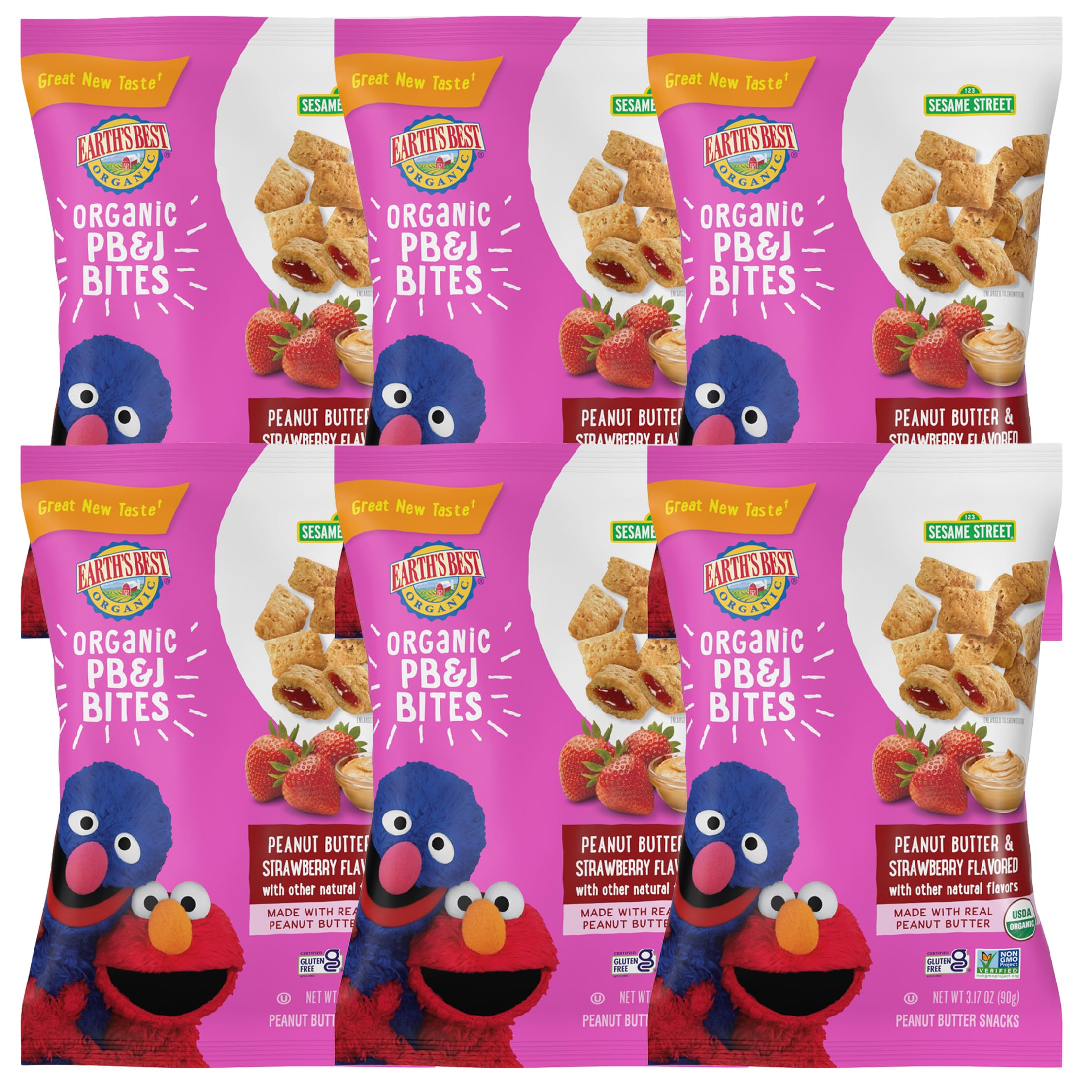 Earth's Best Organic Sesame Street Toddler Snacks - Peanut Butter & Strawberry Flavored PB&J Bites for Kids 2+ Years, 3.17oz (Pack of 6) | Healthy On-The-Go Snacks for Preschool, Daycare & Travel