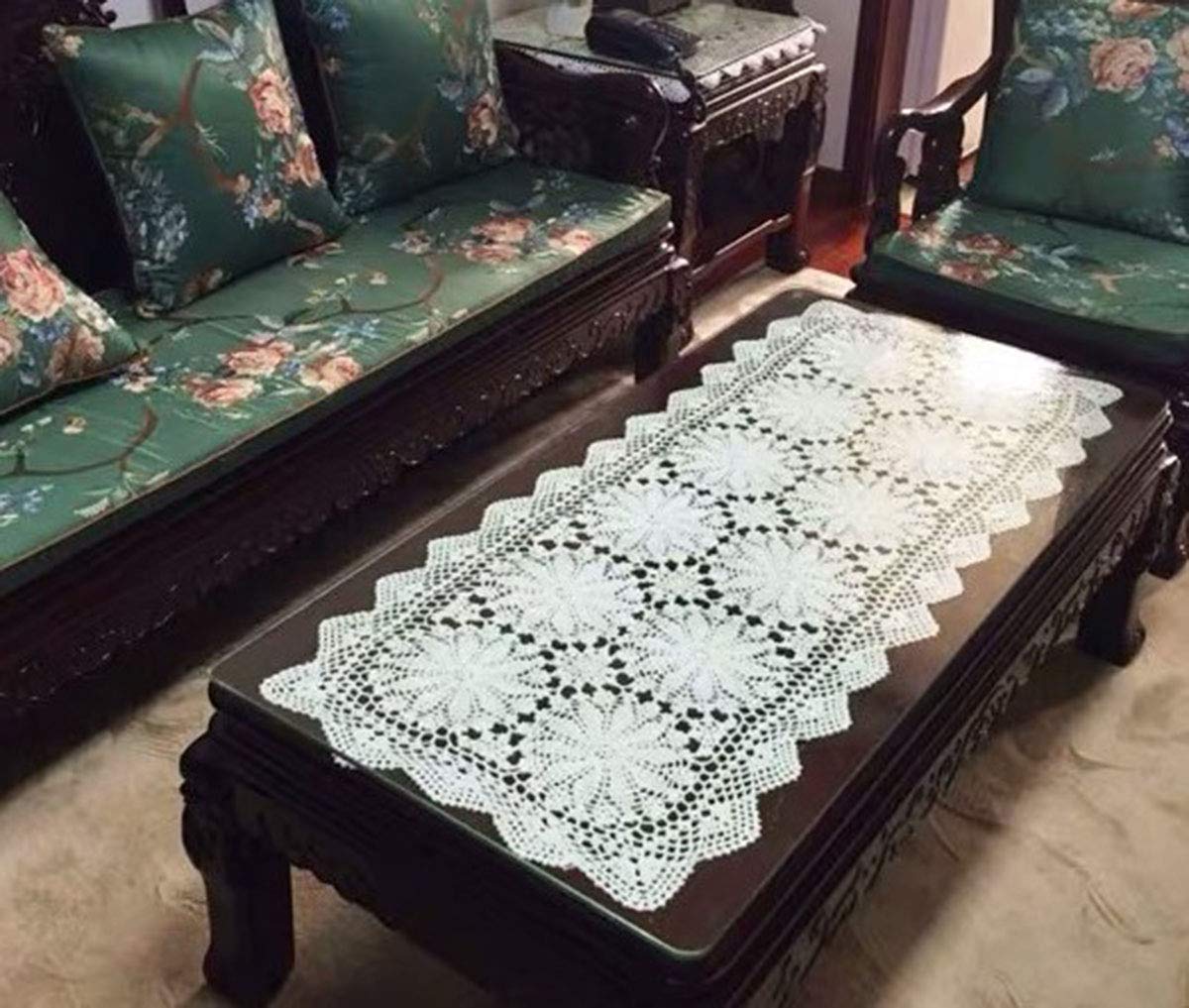 Handmade Beige Crochet Cotton Table Runner - 20x51 Inches Lace Doily Rectangular Dresser Scarf for Dining Table, Coffee Table, and Home Decor