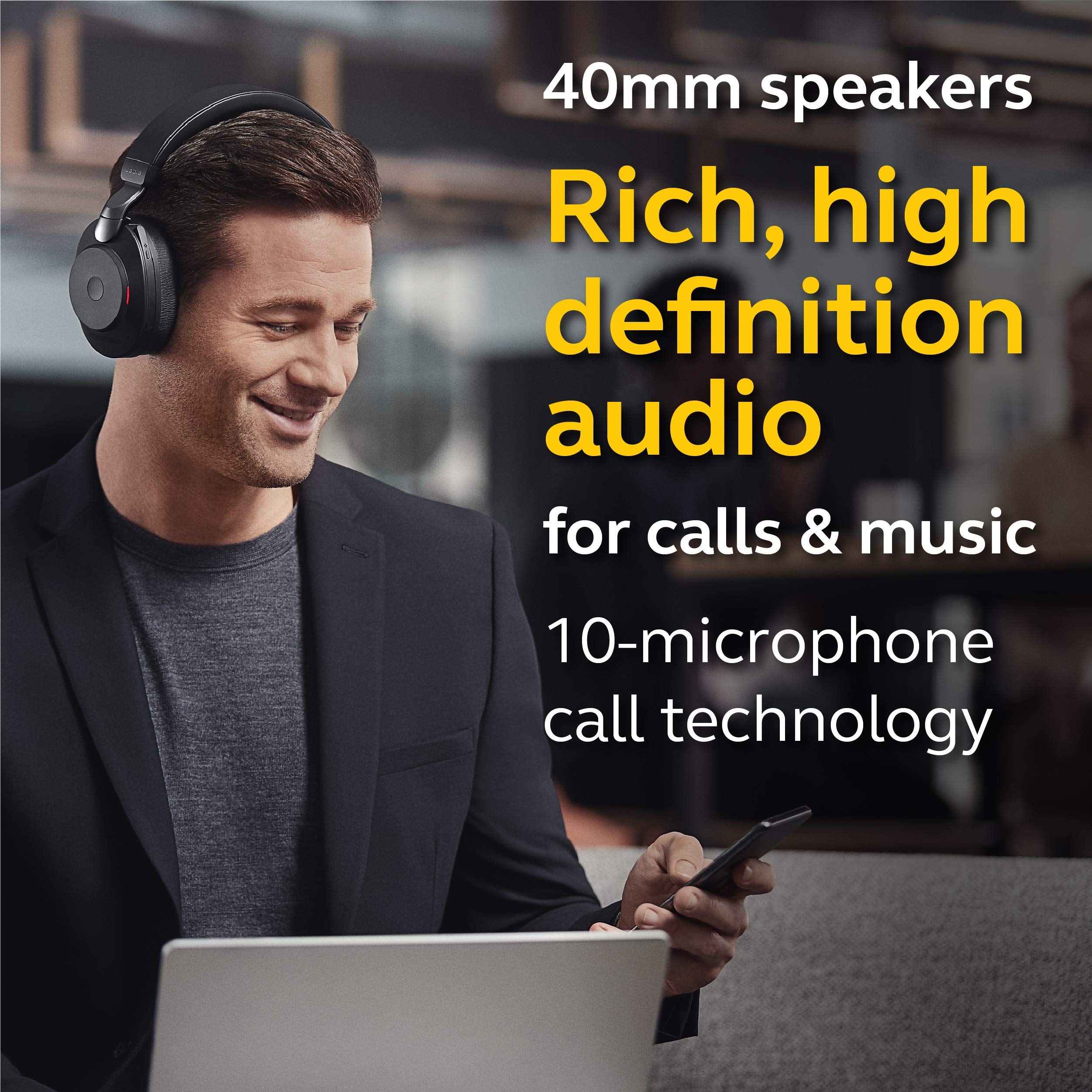Jabra Evolve2 85 UC Wireless Bluetooth Headset with Link380c - Stereo Noise Cancelling Headphones for Calls & Music (37H Battery, Black) | Perfect for Home Office, Remote Work & Online Meetings (Renewed)