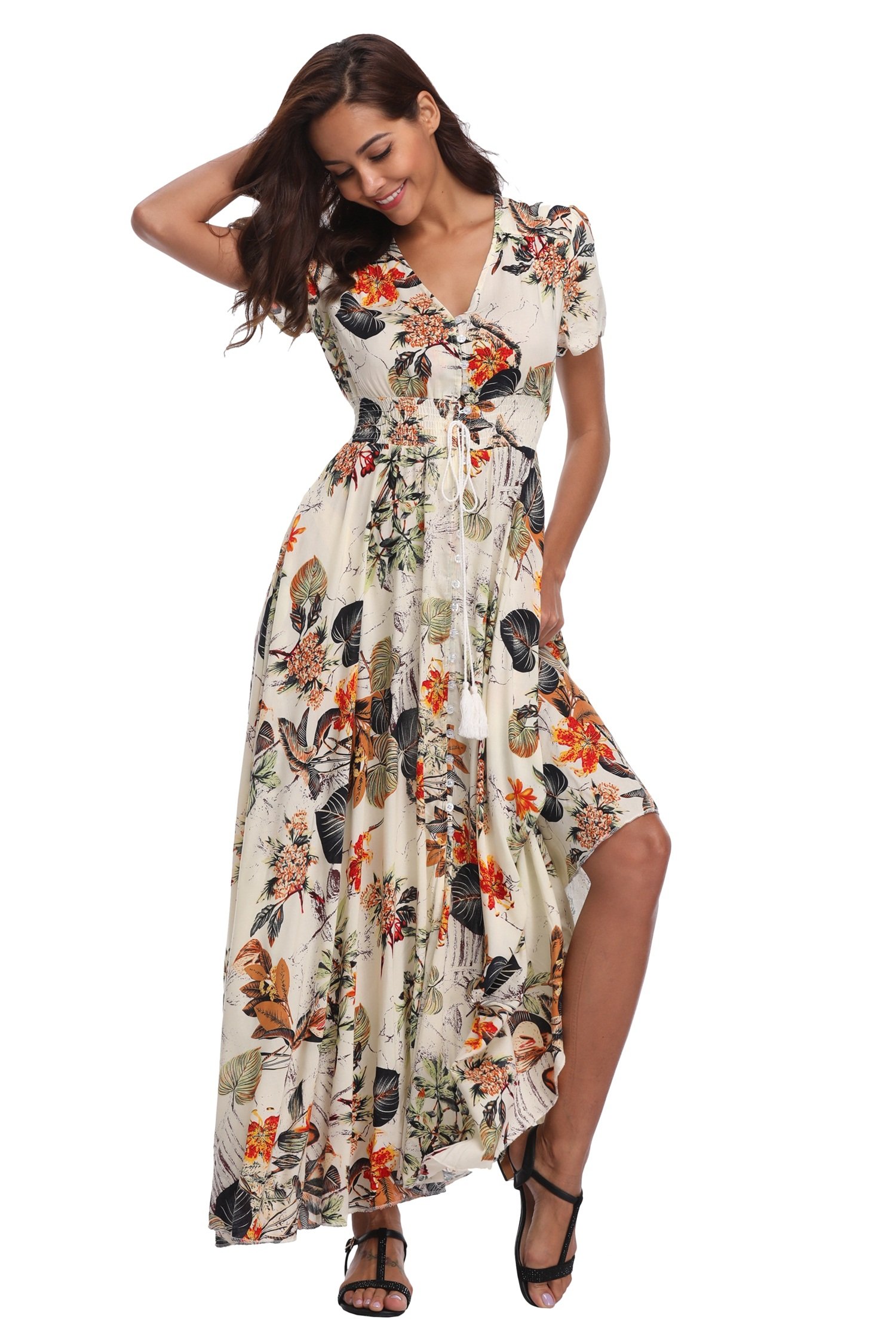 Ferrendo Women's Floral Maxi Dress with Button Up Front & Side Slit - Flowy Bohemian Summer Dress for Beach, Party & Vacation | Lightweight & Comfortable