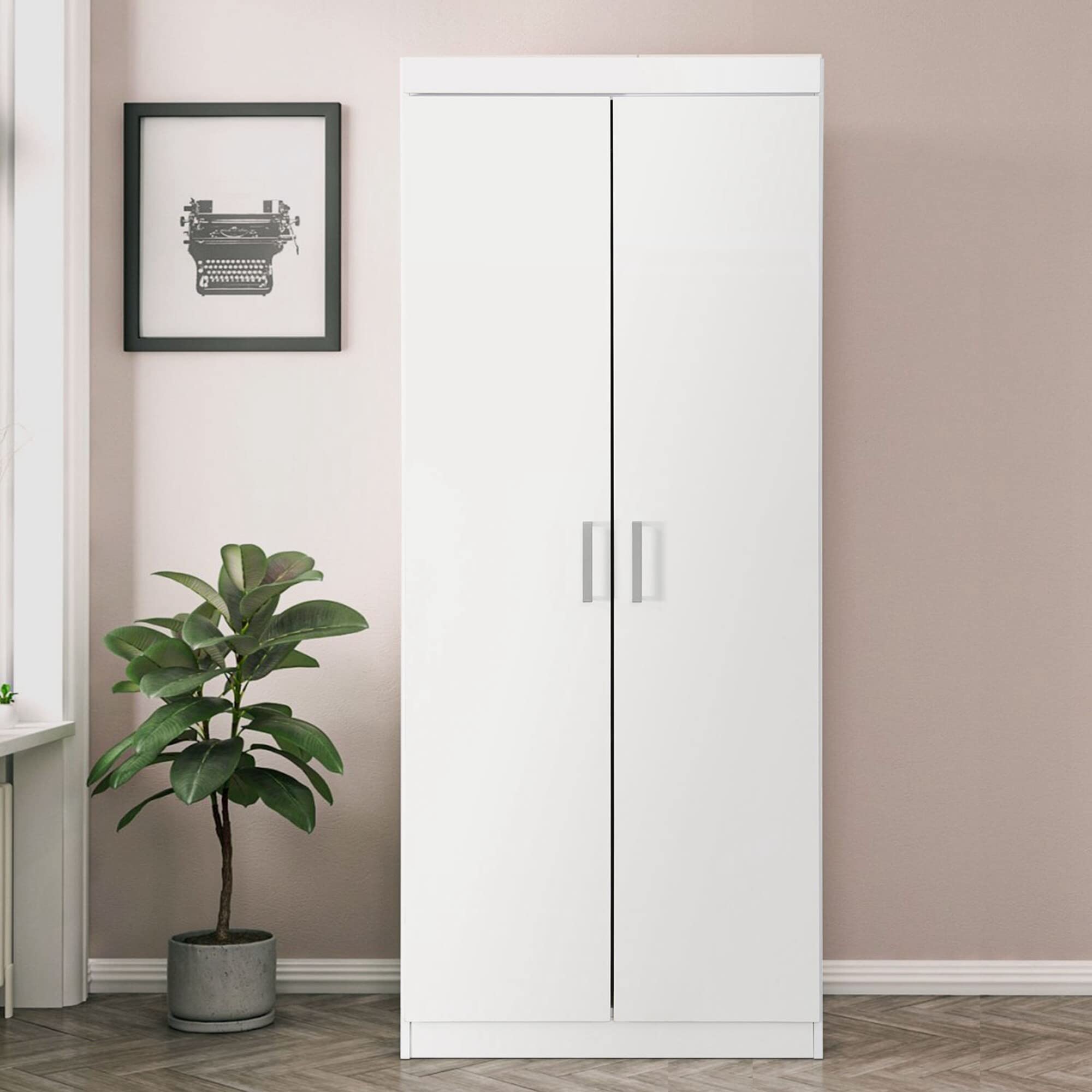 Modern White 2-Door Wardrobe with Adjustable Shelves & Hanging Rod for Bedroom Storage