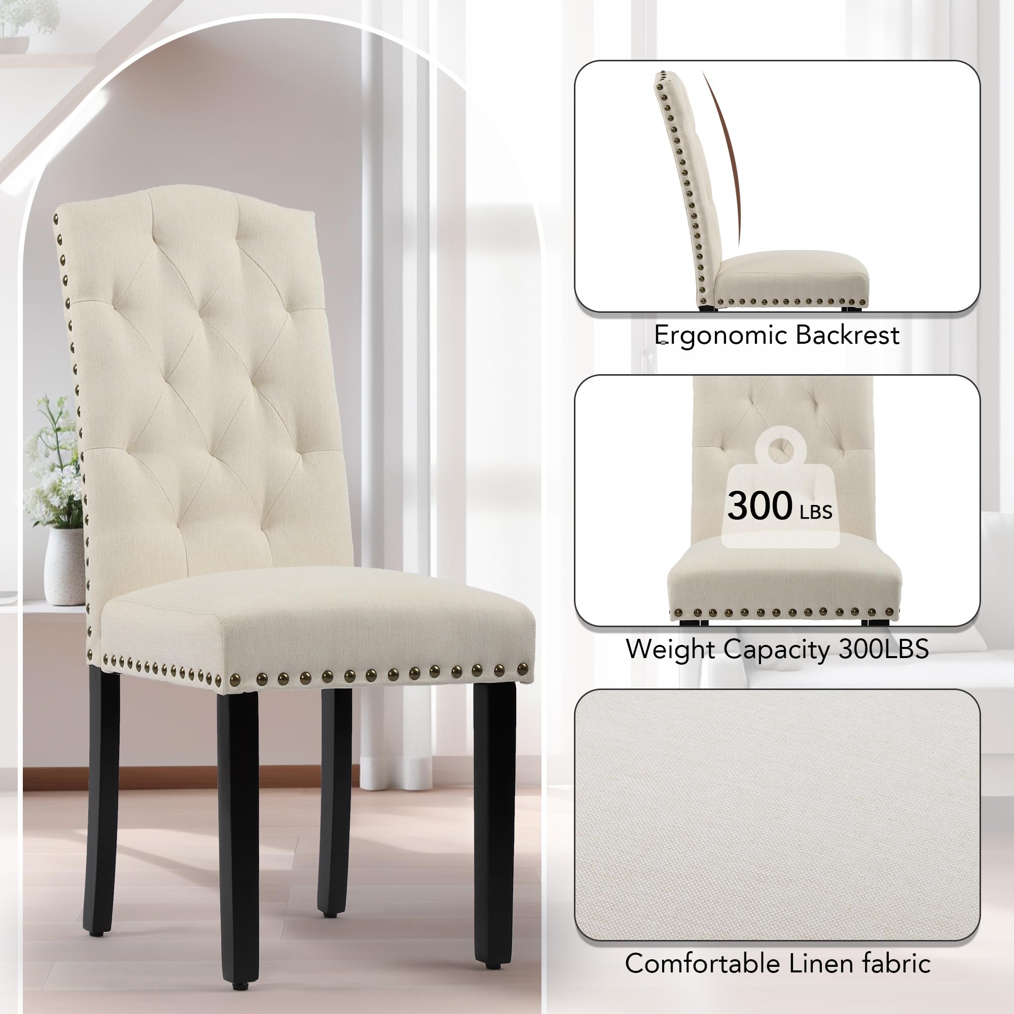 DAGONHIL 2-Piece Upholstered Dining Chair Set - Armless Kitchen Chairs with Solid Black Wood Legs for Home, Kitchen & Living Room (Beige) | Comfortable Seating for Family Meals & Entertaining