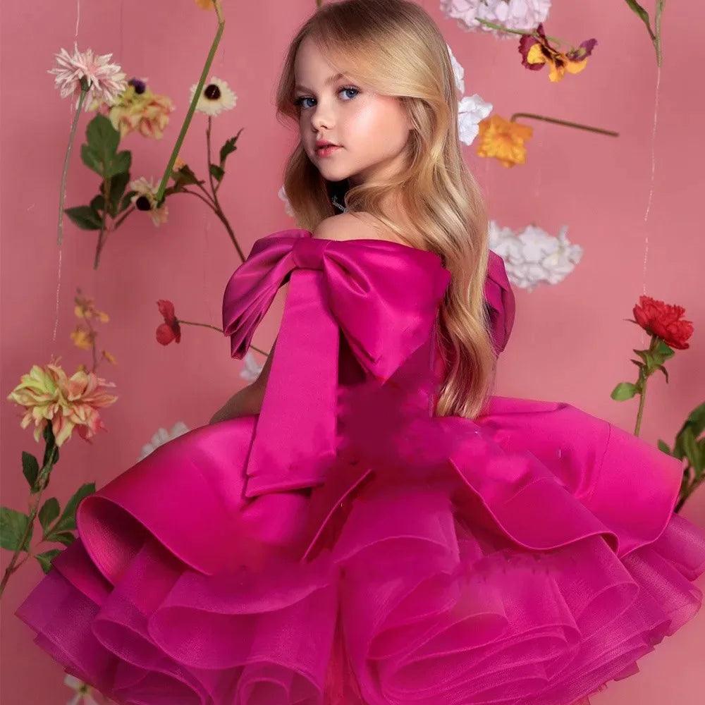 Elegant Satin Bow Knee-Length Princess Gown for Girls - Perfect for Birthday Parties, Pageants, and Special Occasions