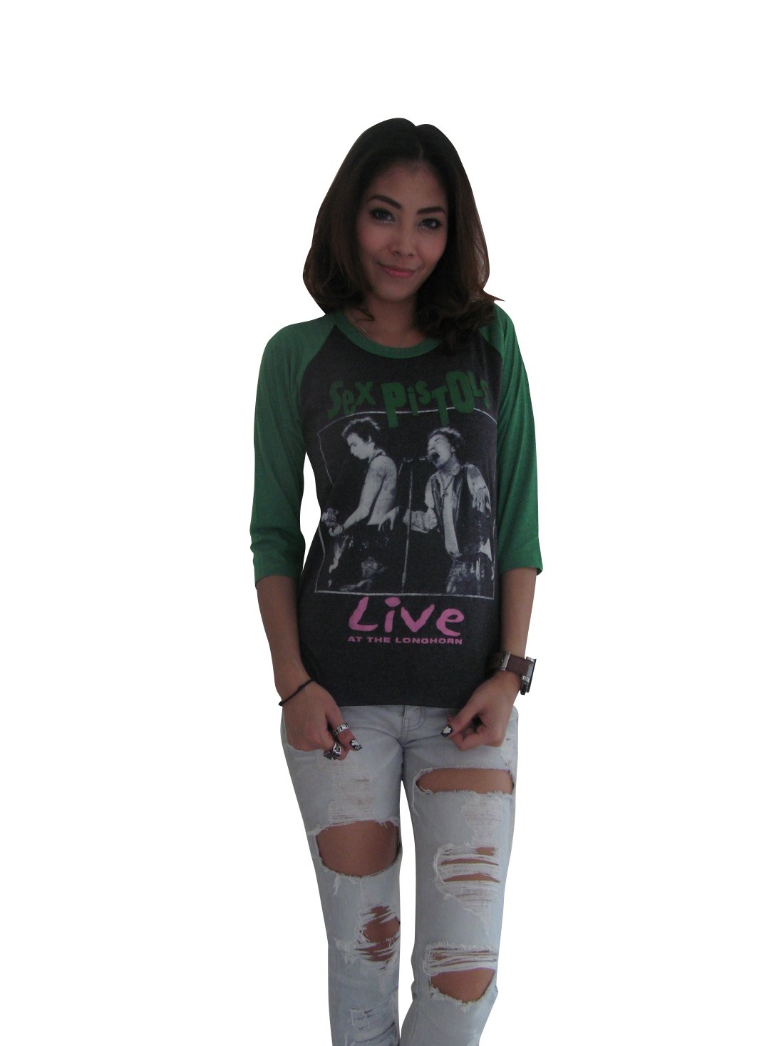 BUNNY BRAND Women's Sex Pistols Vintage Concert Tee - Longhorn Rock Raglan T-Shirt - Punk Rock Band Merch - Casual Streetwear & Music Festival Outfit