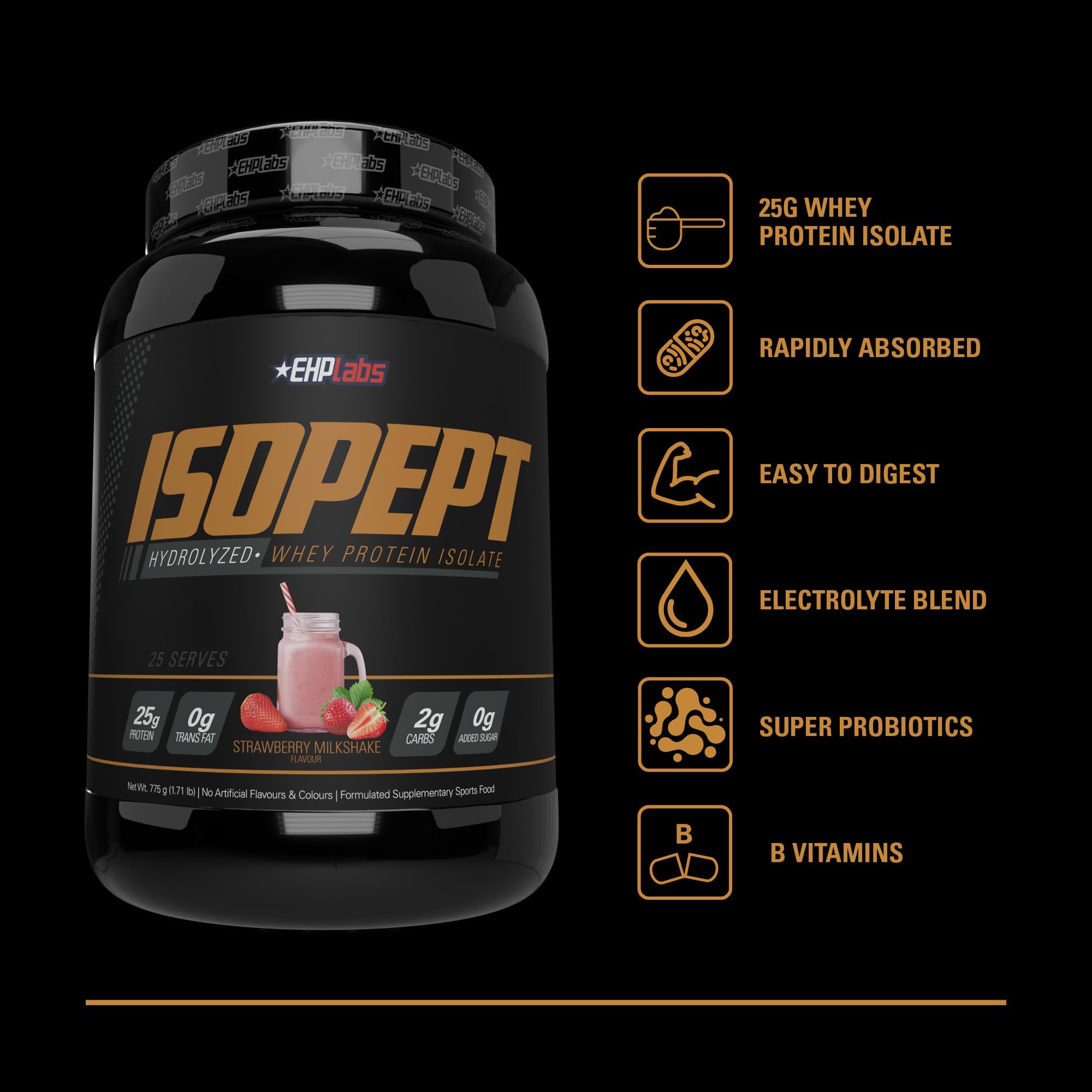 EHPlabs IsoPept Hydrolyzed Whey Protein Powder - 100% Whey Protein Isolate & Hydrolysate, 27g Protein per Serving, Non-GMO, Gluten Free, Fast Absorption, Easy Digestion, Strawberry Milkshake Flavor (27 Servings) - Perfect for Post-Workout Recovery, Muscle Building & Weight Management