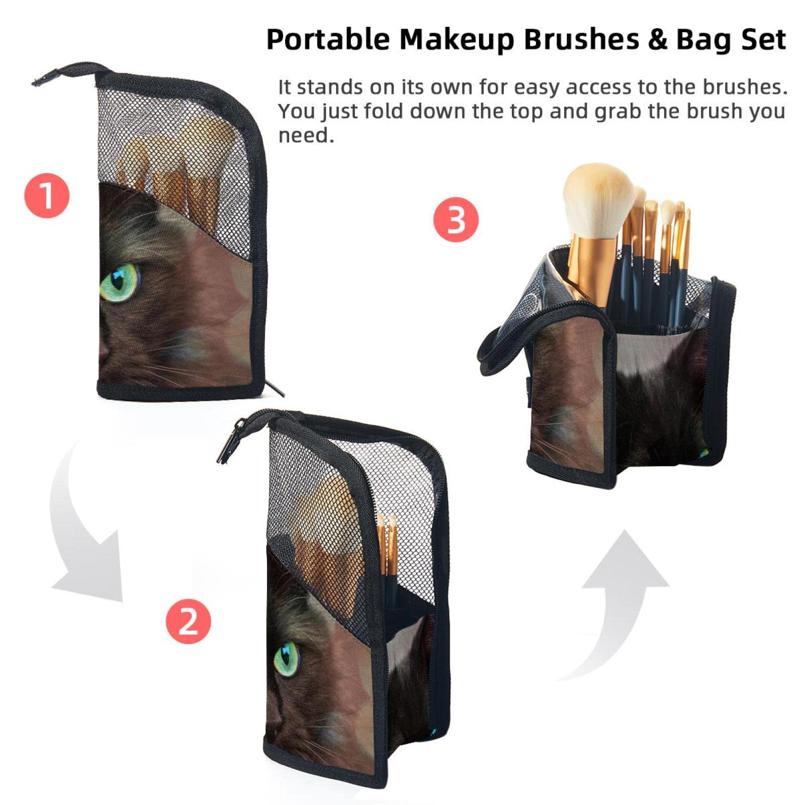 12-Piece Makeup Brush Organizer Bag with Cat Design - Portable Brush Holder Case for Travel & Home Storage - Perfect for Makeup Artists & Beauty Enthusiasts