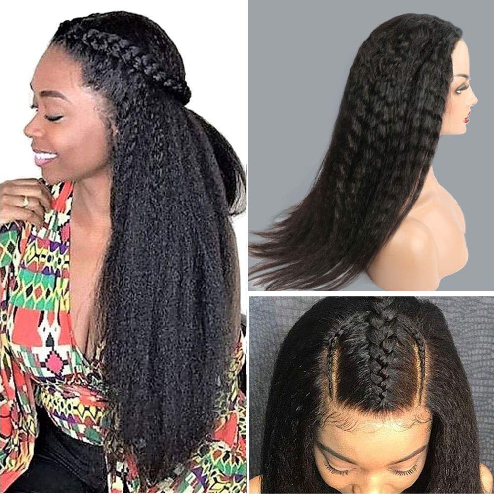U Part Wigs for Black Women - 20 Inch Kinky Straight Human Hair Wig | Italian Yaki Straight U-Shape Clip-In Half Wig | Perfect for Daily Wear, Parties & Protective Styling