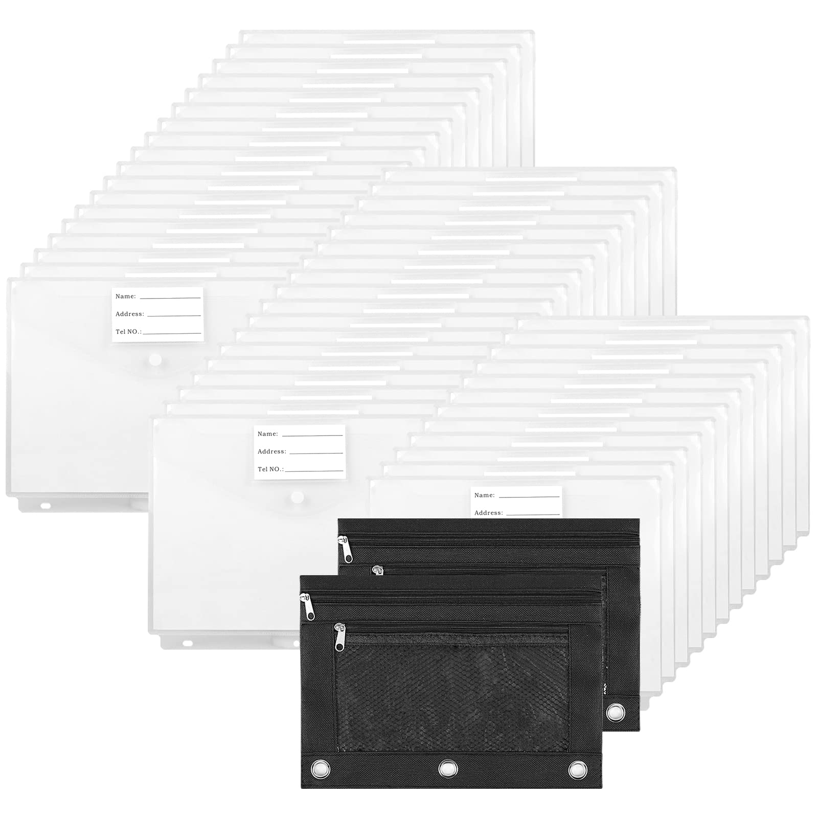 48+2PCS Clear A4 3-Ring Binder Pocket Folders with Zipper Pouch - Letter Size Plastic Envelopes with Snap Closure - School, Office & Home Organization Supplies for Documents, Papers & Stationery