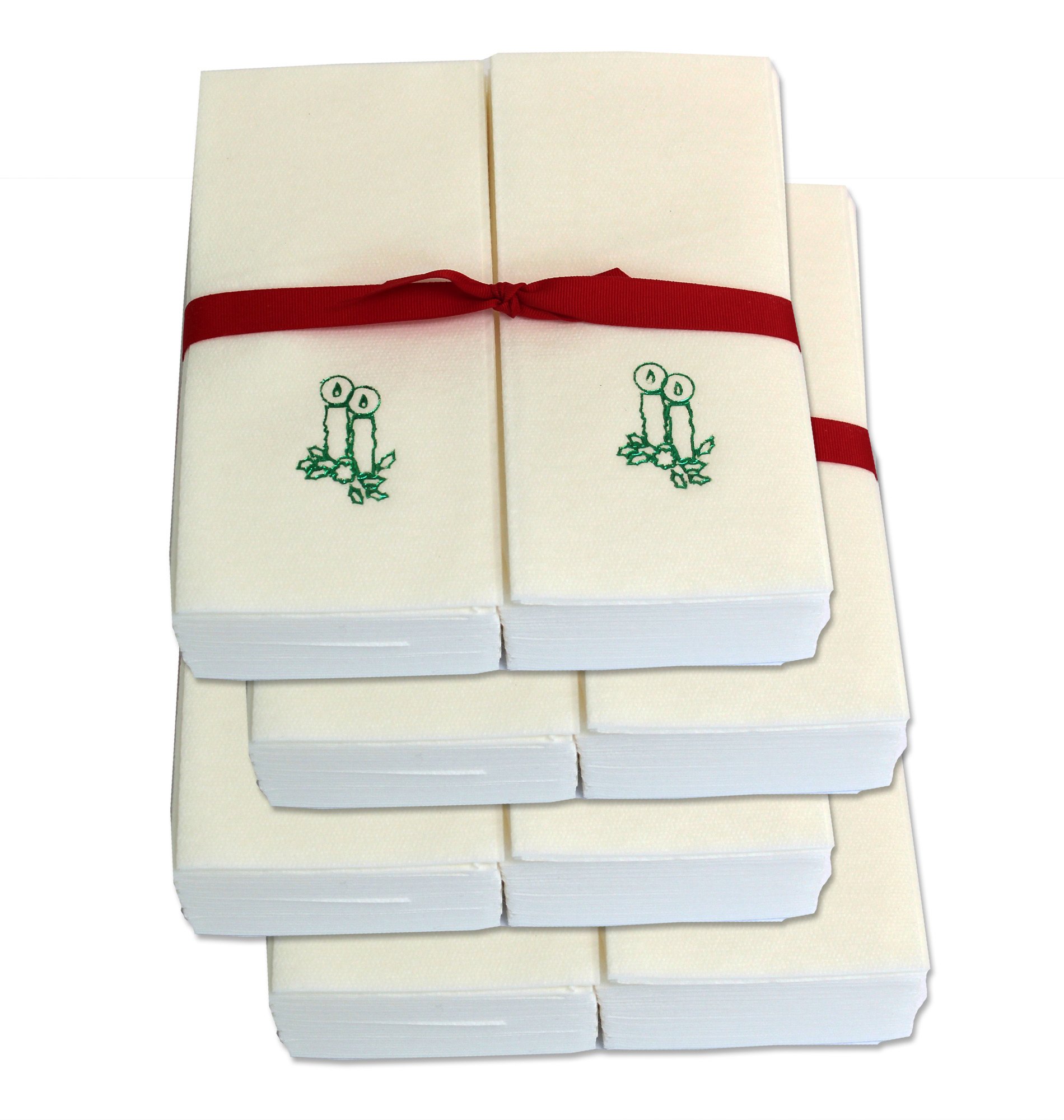Premium Disposable Guest Hand Towels with Elegant Ribbon - 200 Count, Green Candle Embossed Design for Weddings, Parties & Upscale Events