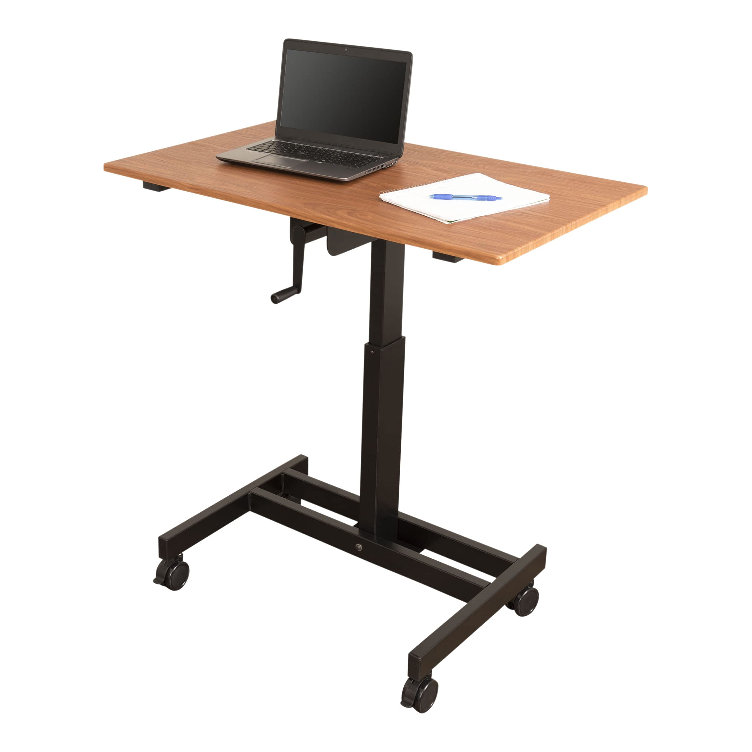 Adjustable Height Rolling Standing Desk with Crank - Single Column Mobile Workstation (Black Frame/Teak Top, 40
