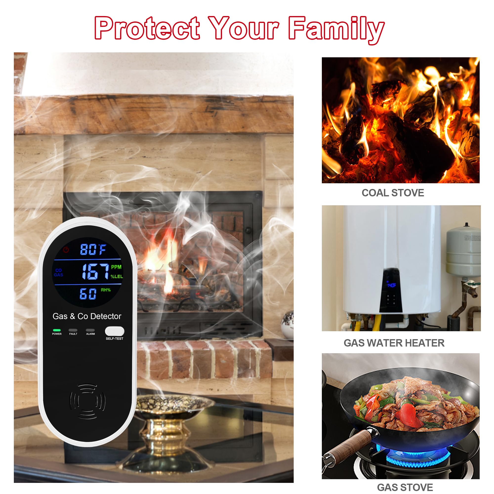 4-in-1 Plug-in Gas & Carbon Monoxide Detector Alarm for Home Safety - Natural Gas, Propane, Methane & CO Detection with Fahrenheit & Humidity Display - Ideal for Homes, Apartments, RVs & Campers