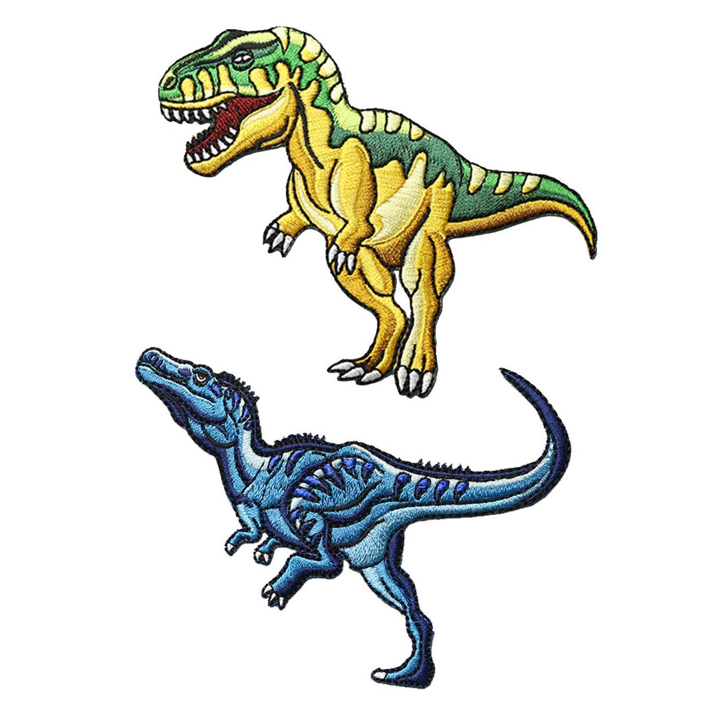 2 Pcs T-Rex & Velociraptor Dinosaur Iron On Patches - Embroidered Sew On Applique for Backpacks, Hats, Jackets, Jeans - DIY Clothing Repair & Customization - Perfect for Kids Crafts, Costumes & Vintage Style Outfits