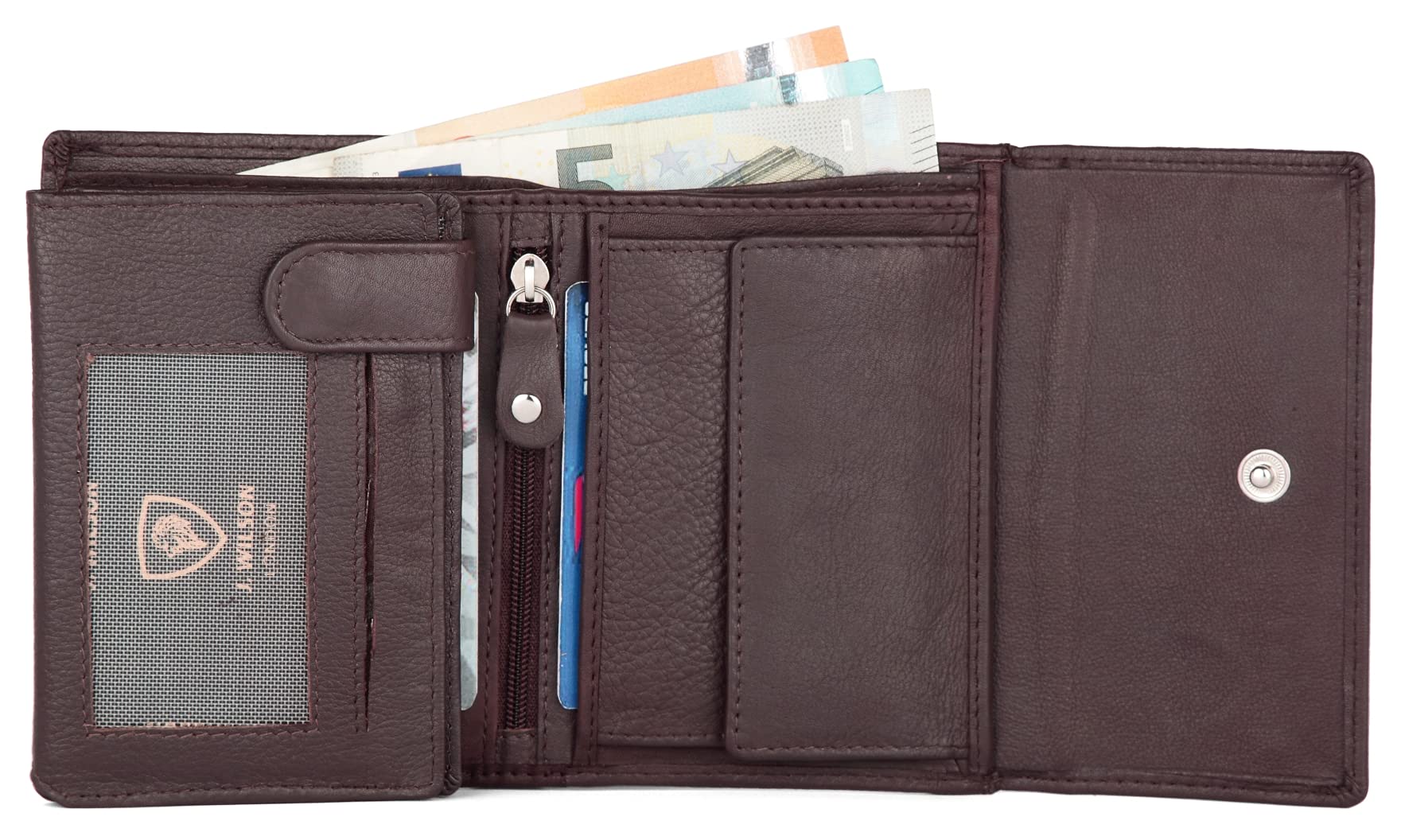 J. Wilson London Women's RFID Blocking Leather Wallet with Zip Pocket - Stylish Designer Purse for Credit Cards & Cash - Perfect for Travel, Shopping & Everyday Use (Brown)