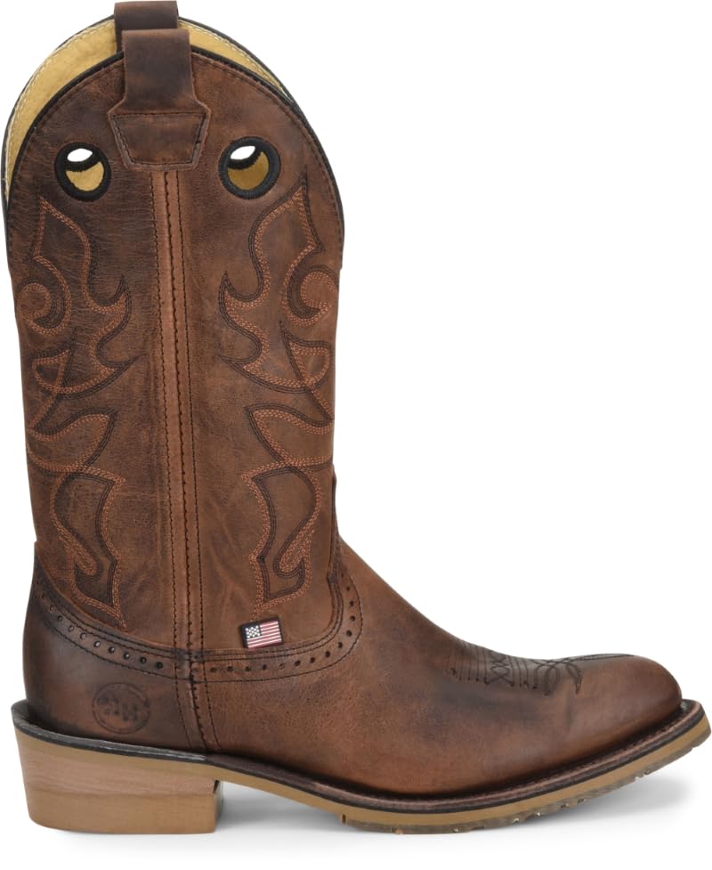 Men's 12 Inch Dark Brown Western Work Boots by Double-H - Durable R Toe Safety Boots for Cowboy, Ranch & Construction Work