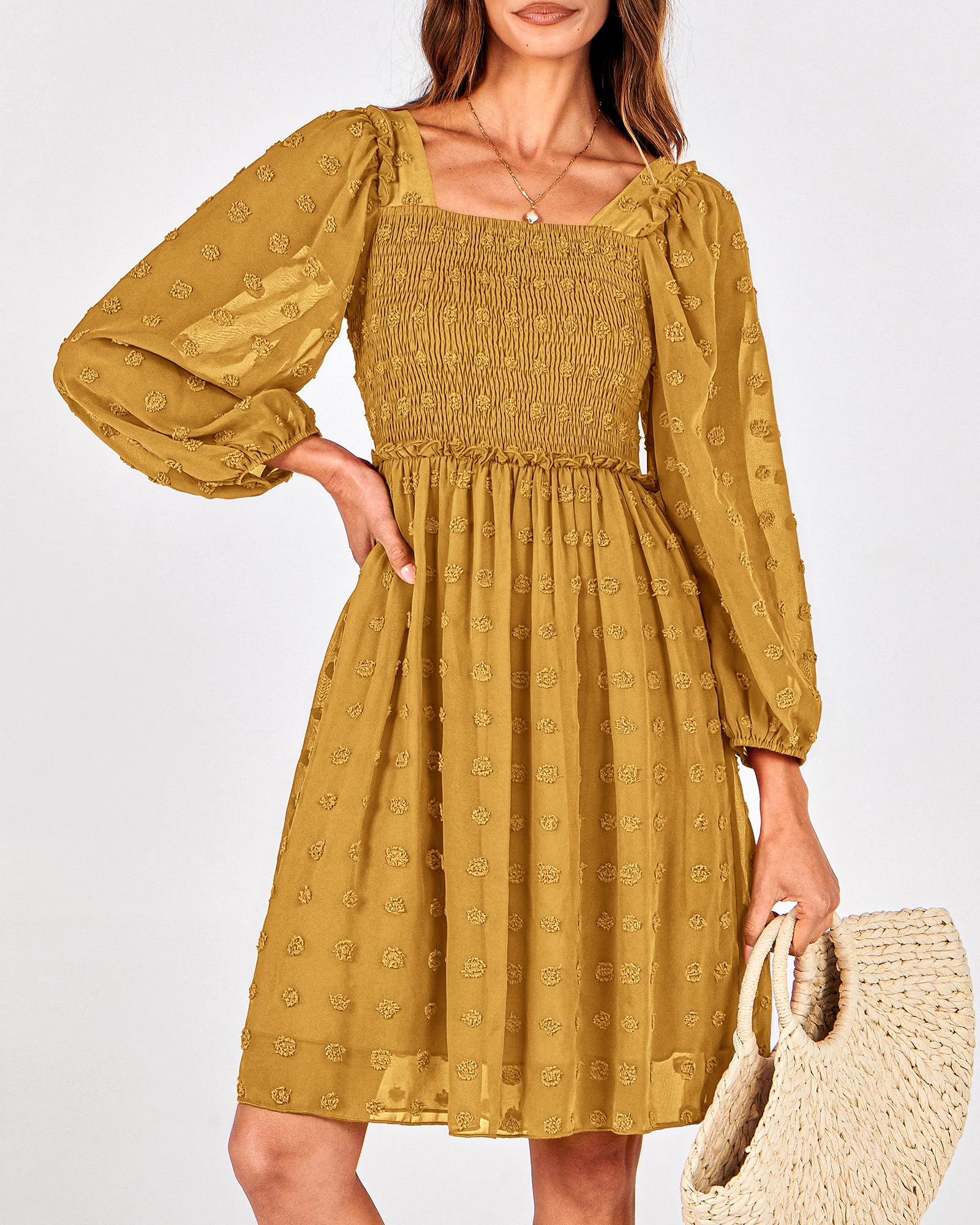 BTFBM Women's Floral Swiss Dot Smocked Mini Dress - Square Neck Long Sleeve Boho Dress for Wedding Guest, Spring & Summer 2025 | Perfect for Garden Parties, Bridal Showers & Date Nights