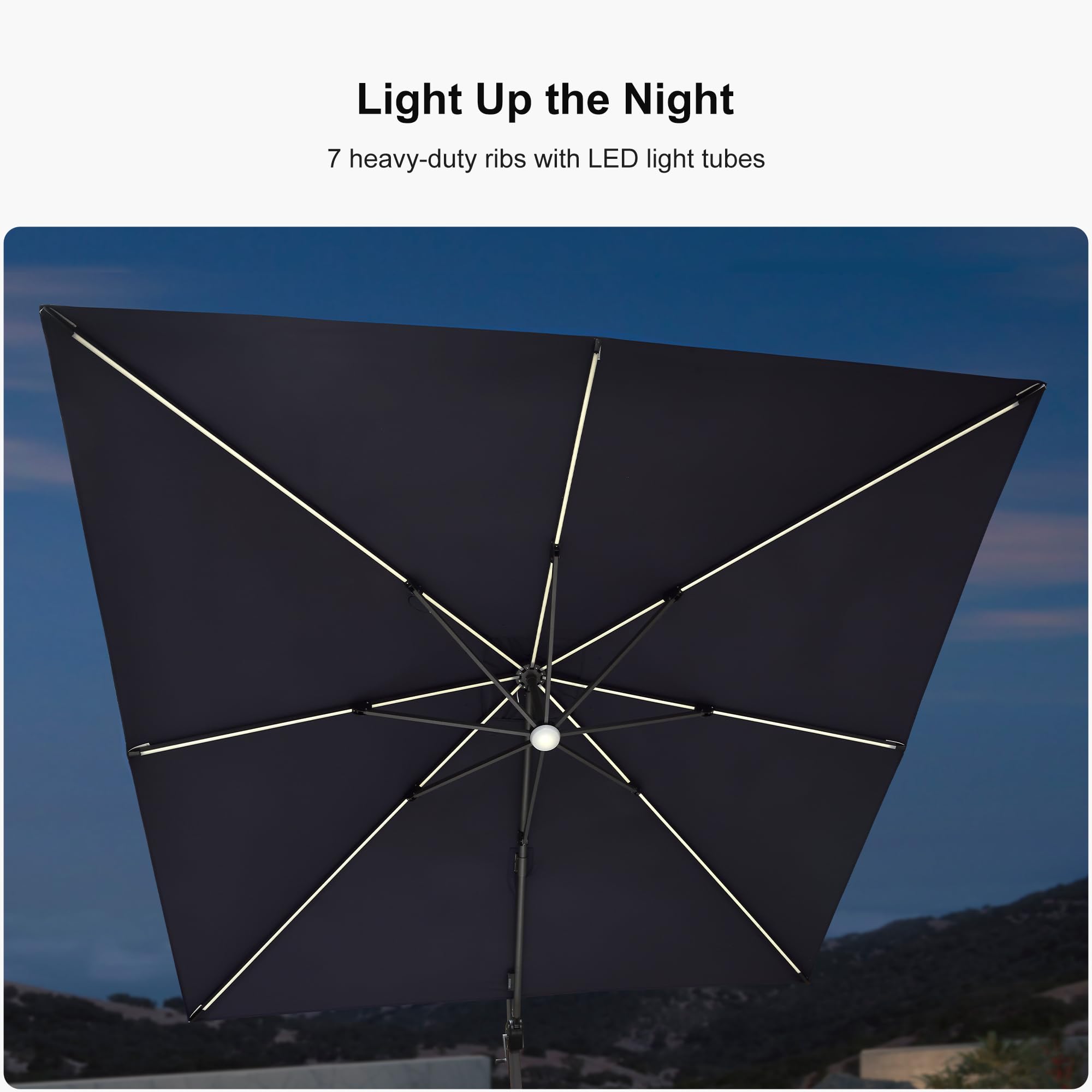 PURPLE LEAF 10ft Solar LED Patio Umbrella with 360° Rotation & Aluminum Base - Navy Blue Outdoor Offset Umbrella for Garden, Pool, Deck & Backyard Relaxation