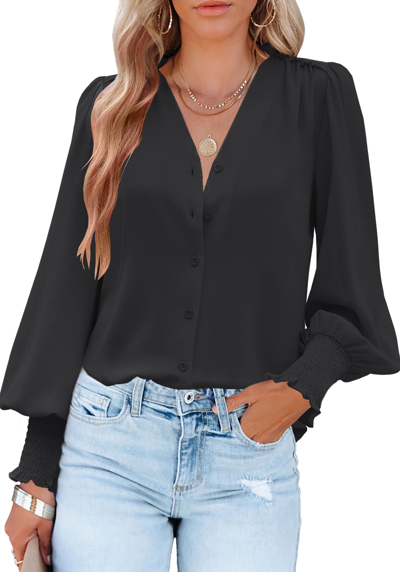 Aifer Women's V-Neck Lantern Sleeve Blouse - Elegant Long Sleeve Button Down Shirt for Casual & Dressy Occasions | Office Wear, Date Night, Party Outfit (2025 Fashion)