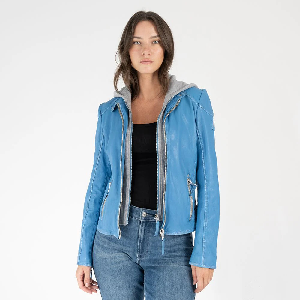 Finja Hooded Leather Jacket for Men & Women | Blue Lagoon Color | Premium Genuine Leather | Stylish Biker Jacket for Casual Outings & Motorcycle Rides