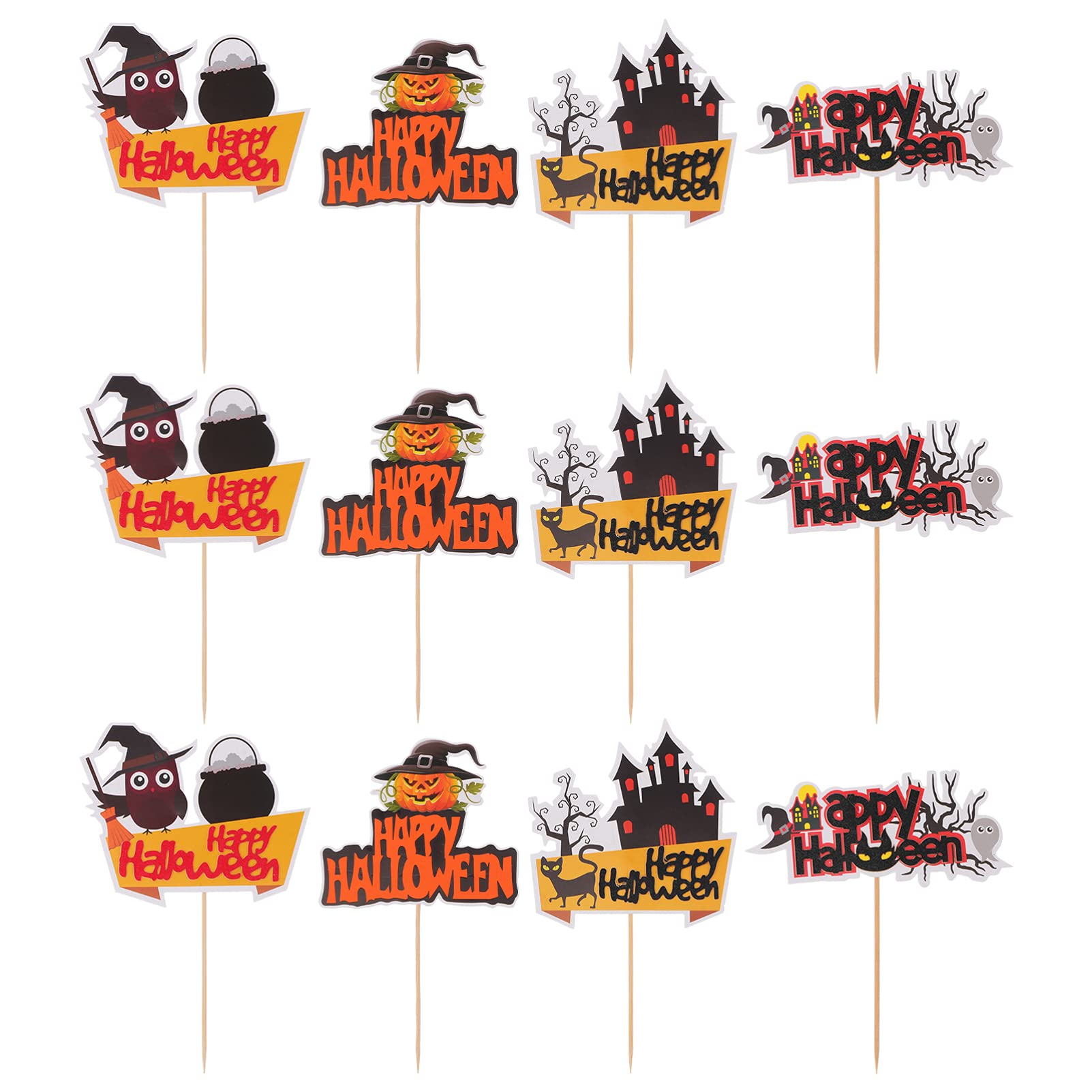 IMIKEYA 12pcs Halloween Cupcake Toppers - Owl, Black Cat, Haunted House, Hat, Pumpkin & Ghost Cake Decorations for Birthday Parties | Spooky Baking Supplies for Halloween Celebrations & Themed Desserts