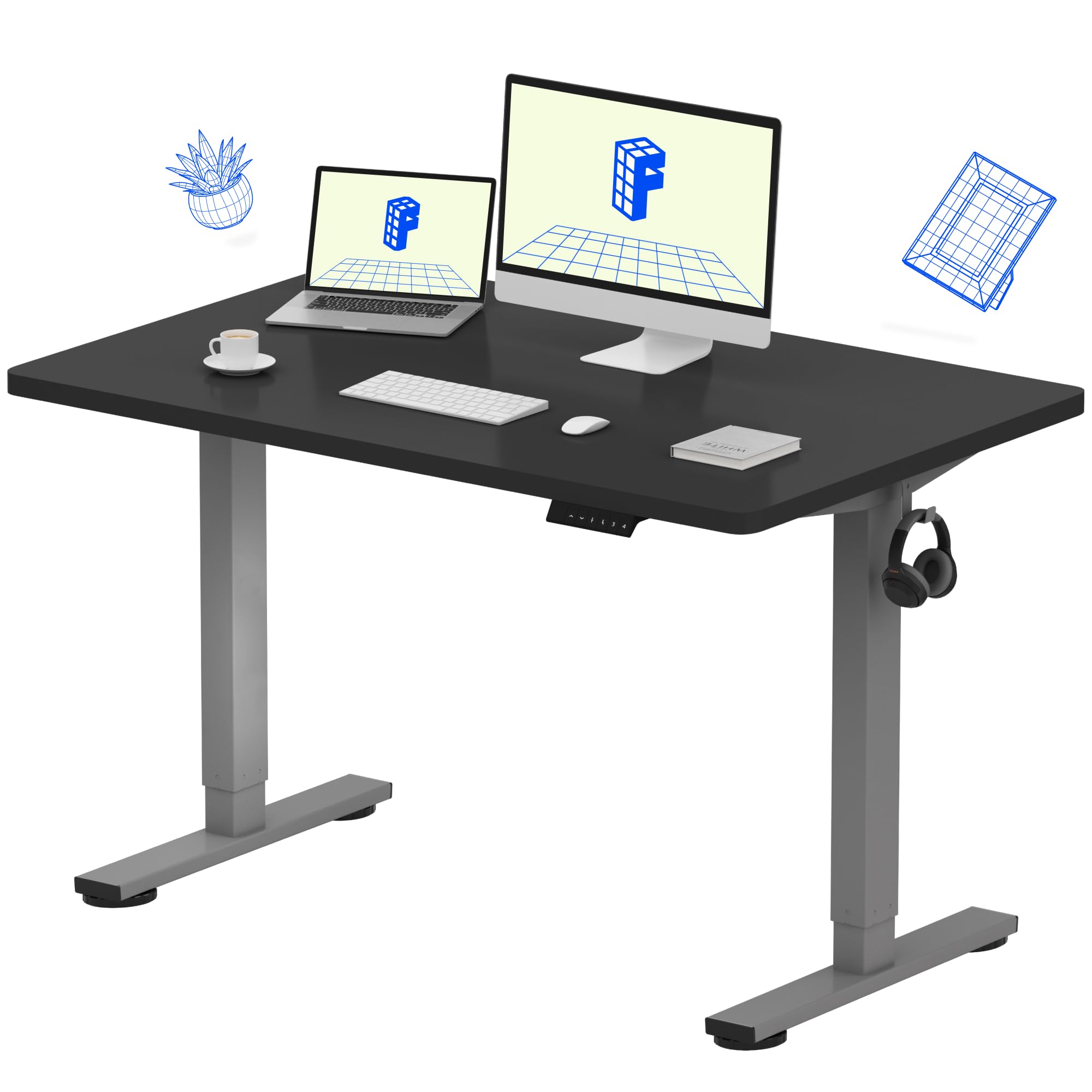 FLEXISPOT EN1 Electric Height Adjustable Standing Desk - 48 x 30 Inches, Silver Frame with Black Desktop | Ergonomic Home Office Workstation for Remote Work & Gaming Setup