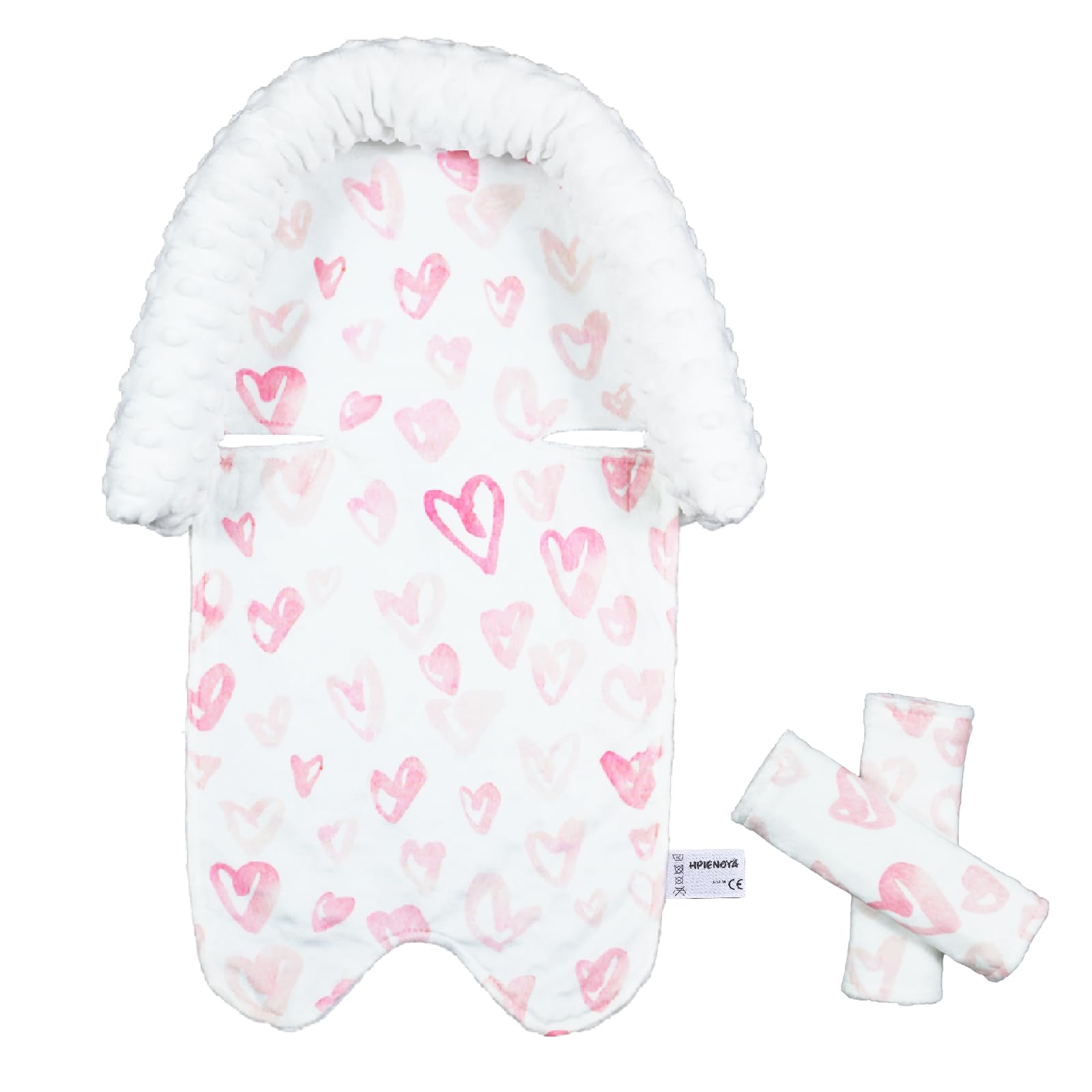 Baby Car Seat Head Support Cushion & Strap Cover - Soft Minky Infant Headrest for Newborns | Car Seat, Stroller & Bouncer Accessories | Pink Love Design for Girls | Perfect for Travel, Shopping & Daily Outings