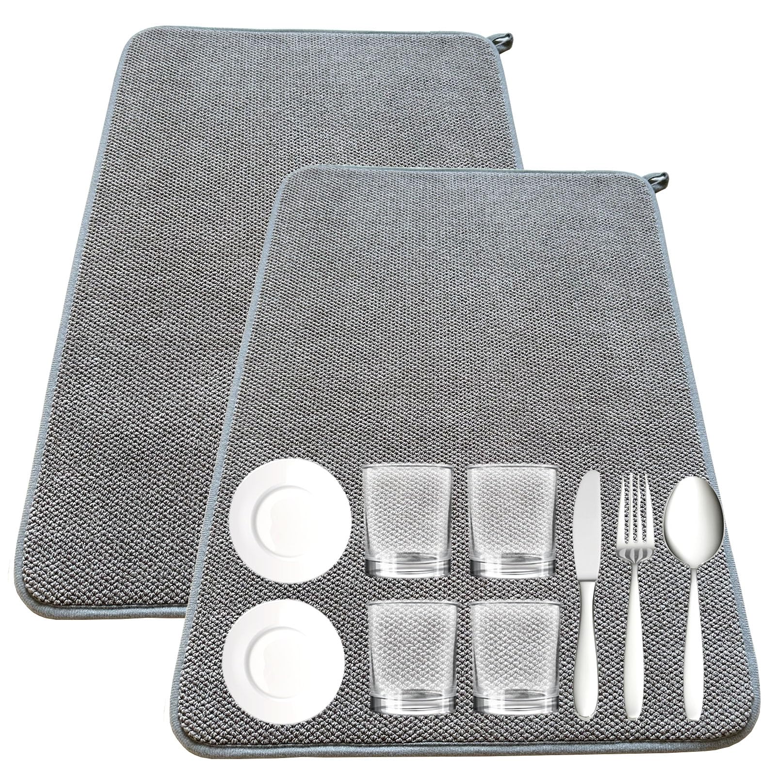 2 Pack XXL Dish Drying Mats for Kitchen Counter - 24 x 18 Inch Super Absorbent Microfiber Dish Drying Pads, Thickened Washable Drainer Mat for Countertop (Grey) - Perfect for Drying Dishes, Utensils & Cookware After Washing