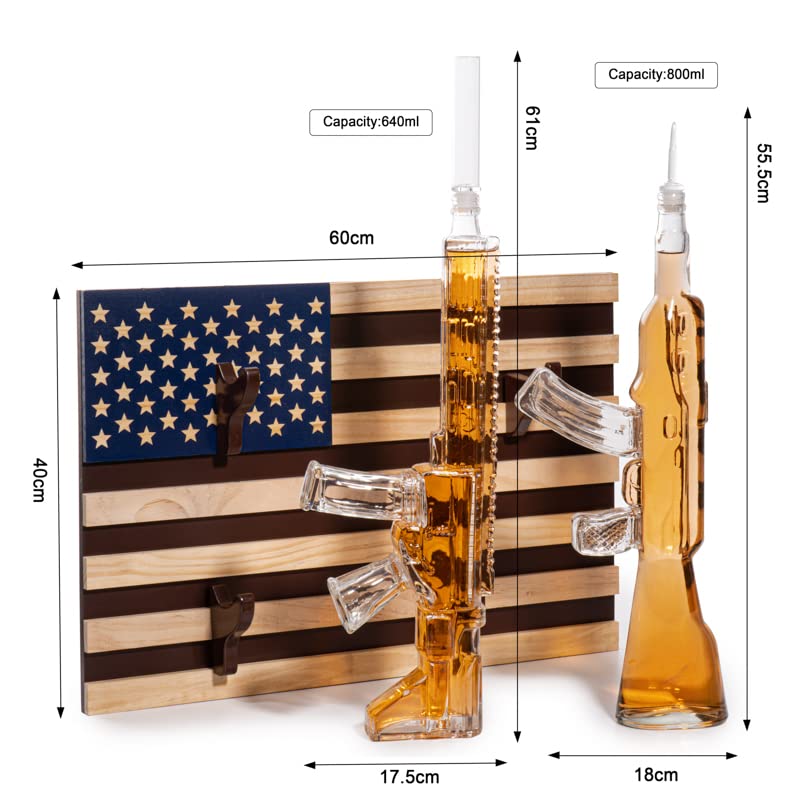 AR15 & AK47 Gun Whiskey Decanter Set - 1000ml Military-Themed Glass Decanters with American Flag Wall Rack - Unique Gifts for Men, Dad, Veterans & Gun Lovers - Perfect for Whiskey Tasting, Home Bar Decor & Military Appreciation Gifts
