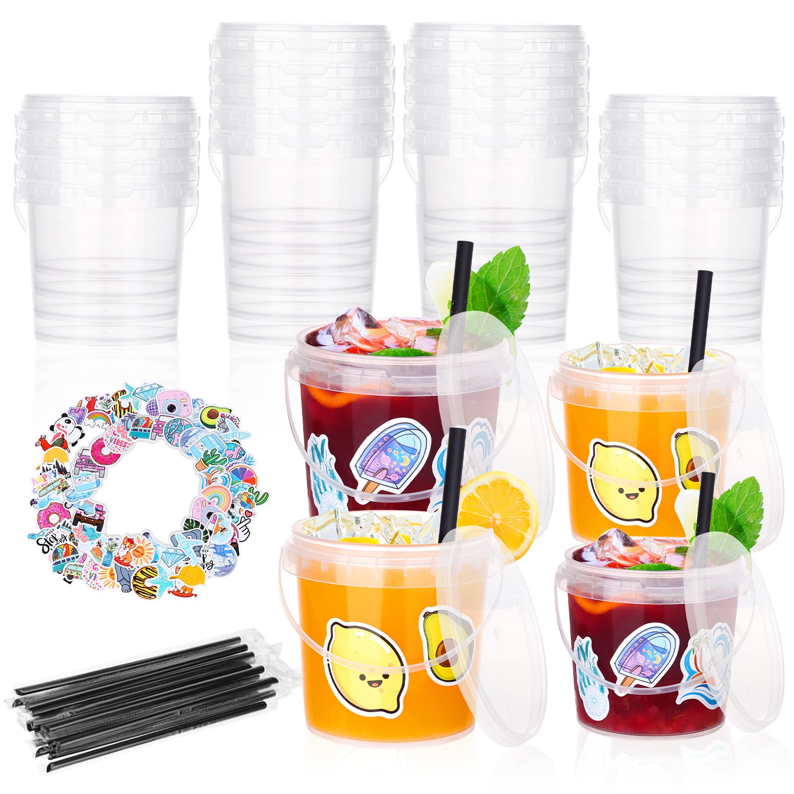 30-Pack Reusable Clear Plastic Ice Cream Buckets with Lids & Handles - 16oz Drink Containers for Parties, Cocktails, Rum Buckets - Includes 50 Summer-Themed Stickers - Perfect for Summer BBQs, Pool Parties & Frozen Dessert Storage
