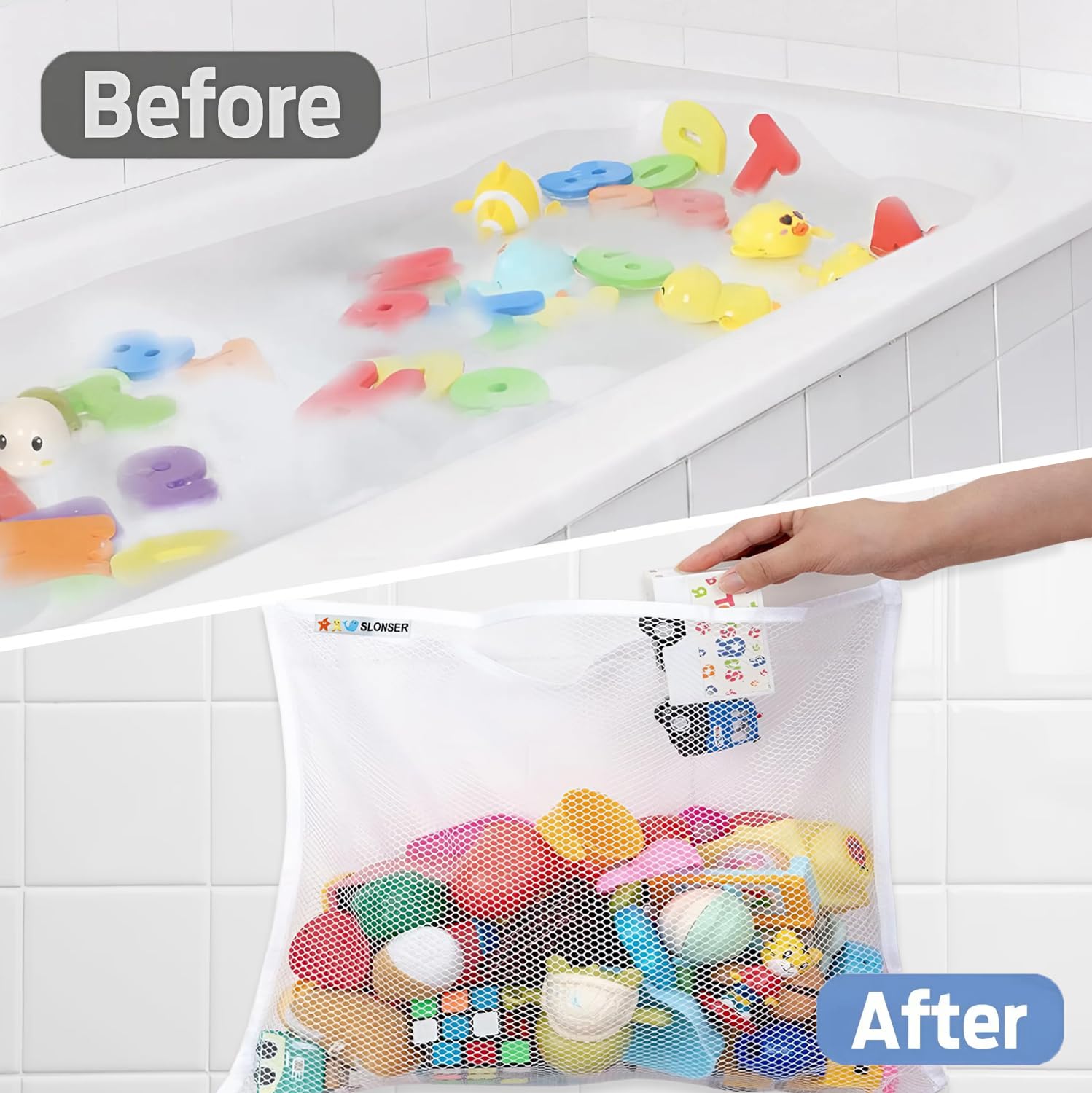 **18x16 Inch Kids Bath Toy Net - Large Mesh Storage Organizer with 2 Suction Cups & 2 Adhesive Hooks for Baby Bathtub, Toddler Shower Caddy, Hanging Basket - Perfect for Bathroom Toy Storage & Organization**