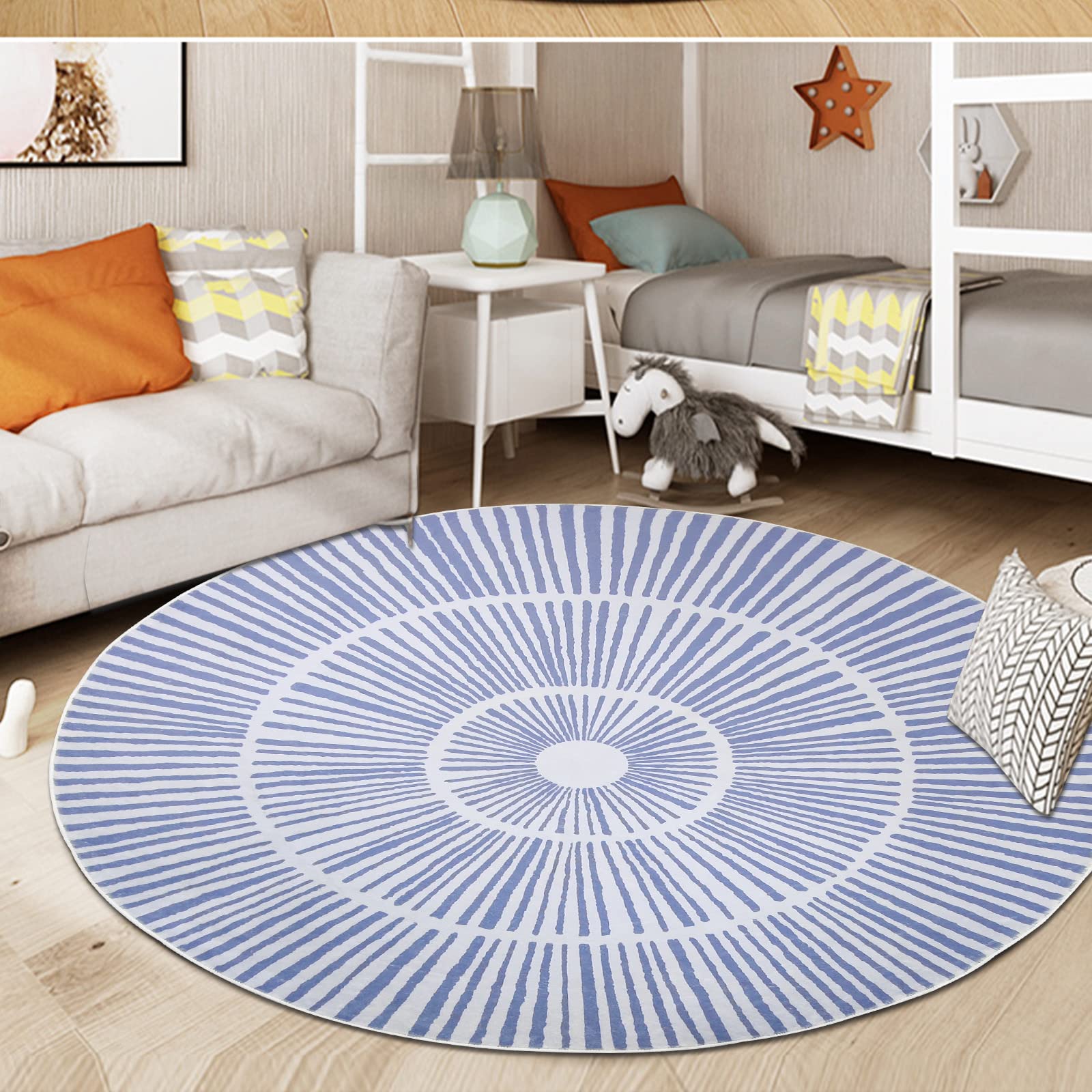 Modern Abstract Round Area Rug - 6ft Fluffy Circle Carpet for Living Room, Bedroom, Dining & Kitchen | Soft Washable Indoor Floor Mat | Blue Home Decor Rug for Cozy Spaces & Stylish Interiors