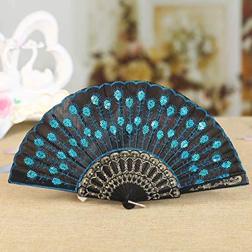 Dusenly 2 Pack Fashion Peacock Folding Hand Fan with Sequins Flower Design - Elegant Handheld Fan for Women & Girls - Perfect for Weddings, Parties, Summer Cooling & Costume Accessories