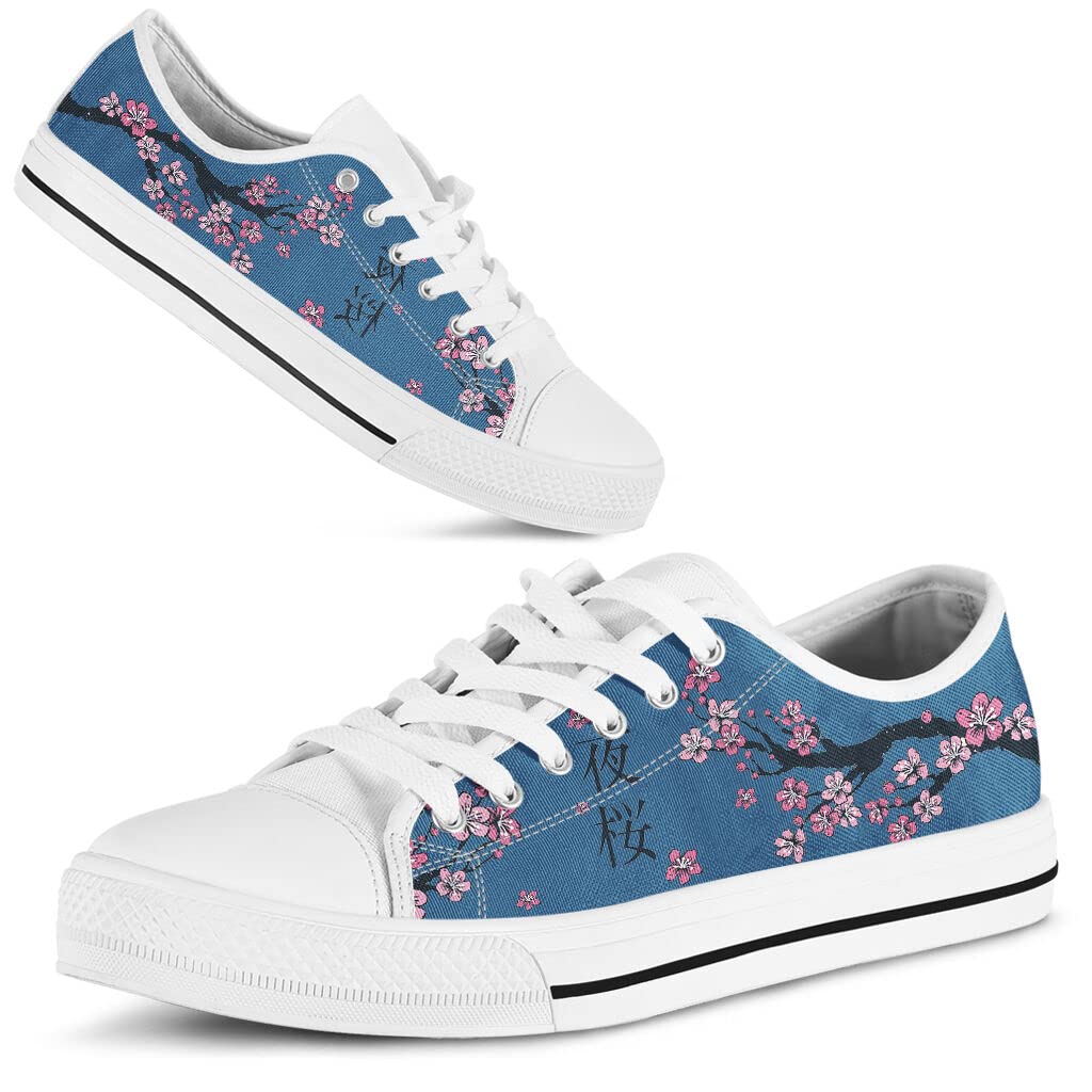 Blue & White Japanese Sakura Cherry Blossom Canvas Low Top Sneakers - Unisex Casual Shoes for Men & Women (Comes with Gift Box) - Perfect for Spring Outfits, Anime Cosplay, and Japanese Culture Enthusiasts