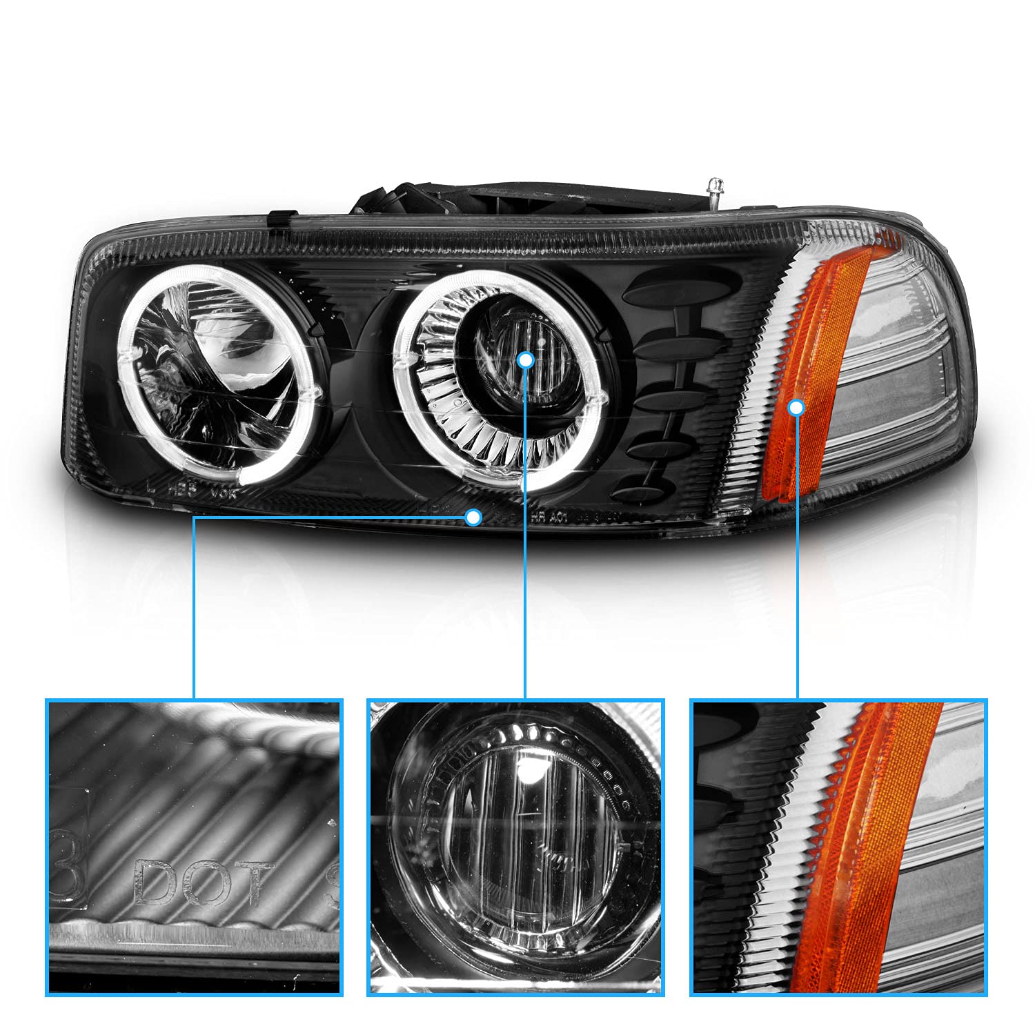 AmeriLite GMC 99-07 Sierra & 00-06 Yukon Dual LED Halo Ring Crystal Black Projector Headlights - Pair for Passenger & Driver Side | Enhanced Night Visibility & Stylish Upgrade for Trucks & SUVs
