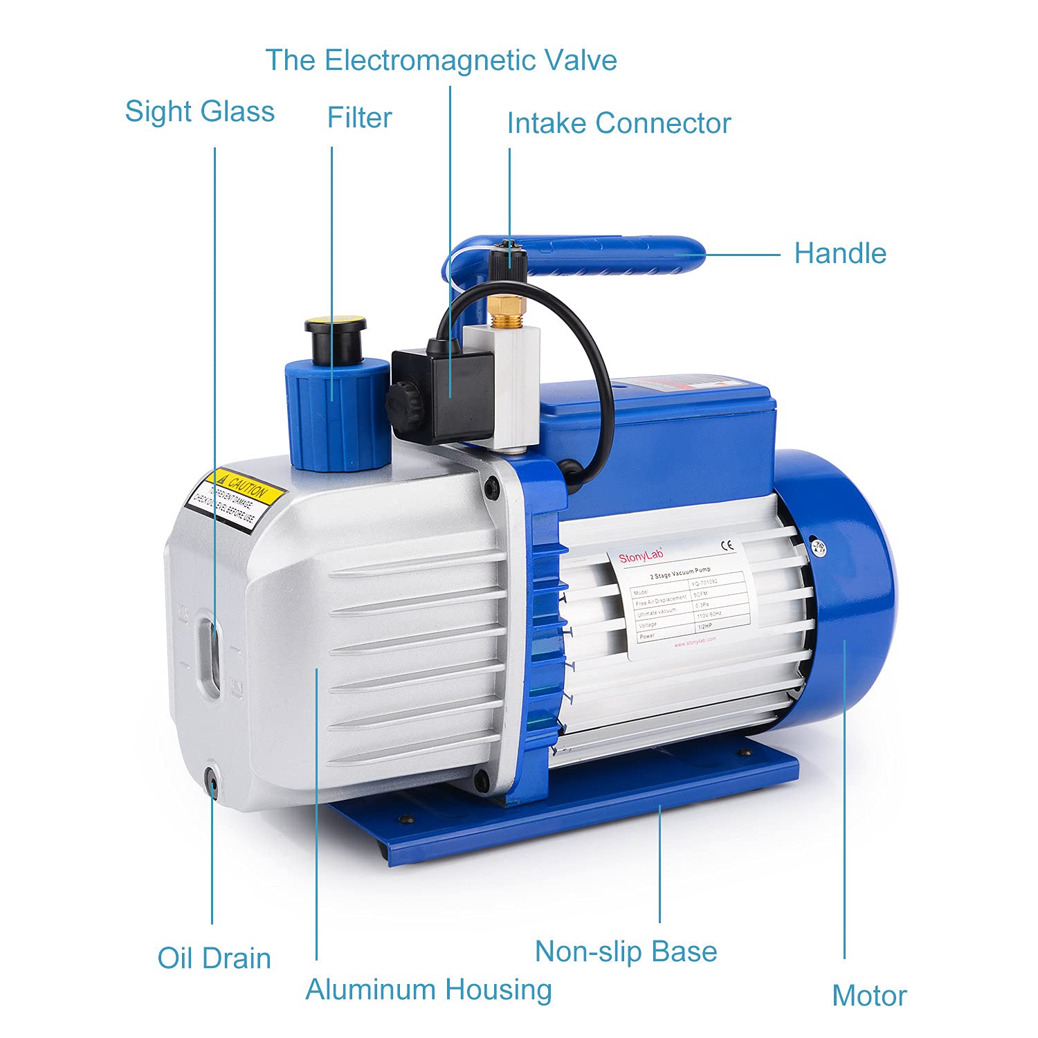 Stonylab 5 CFM 2-Stage Rotary Vane Vacuum Pump with Solenoid Valve - Professional HVAC AC Refrigerant Recovery & Recharging System for Automotive & Home Air Conditioning Repair