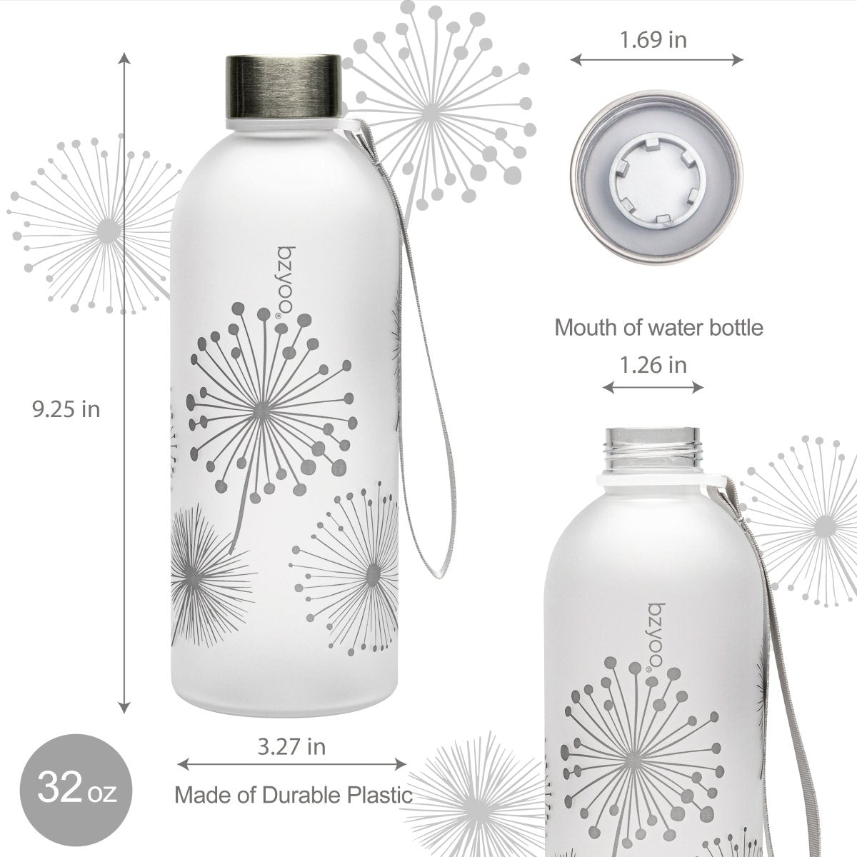 32oz Time Marker Tritan Water Bottle with Carrying Strap - Dandelion Silver | BPA-Free Leakproof Sports Water Bottle for Gym, Hiking & Outdoor Activities