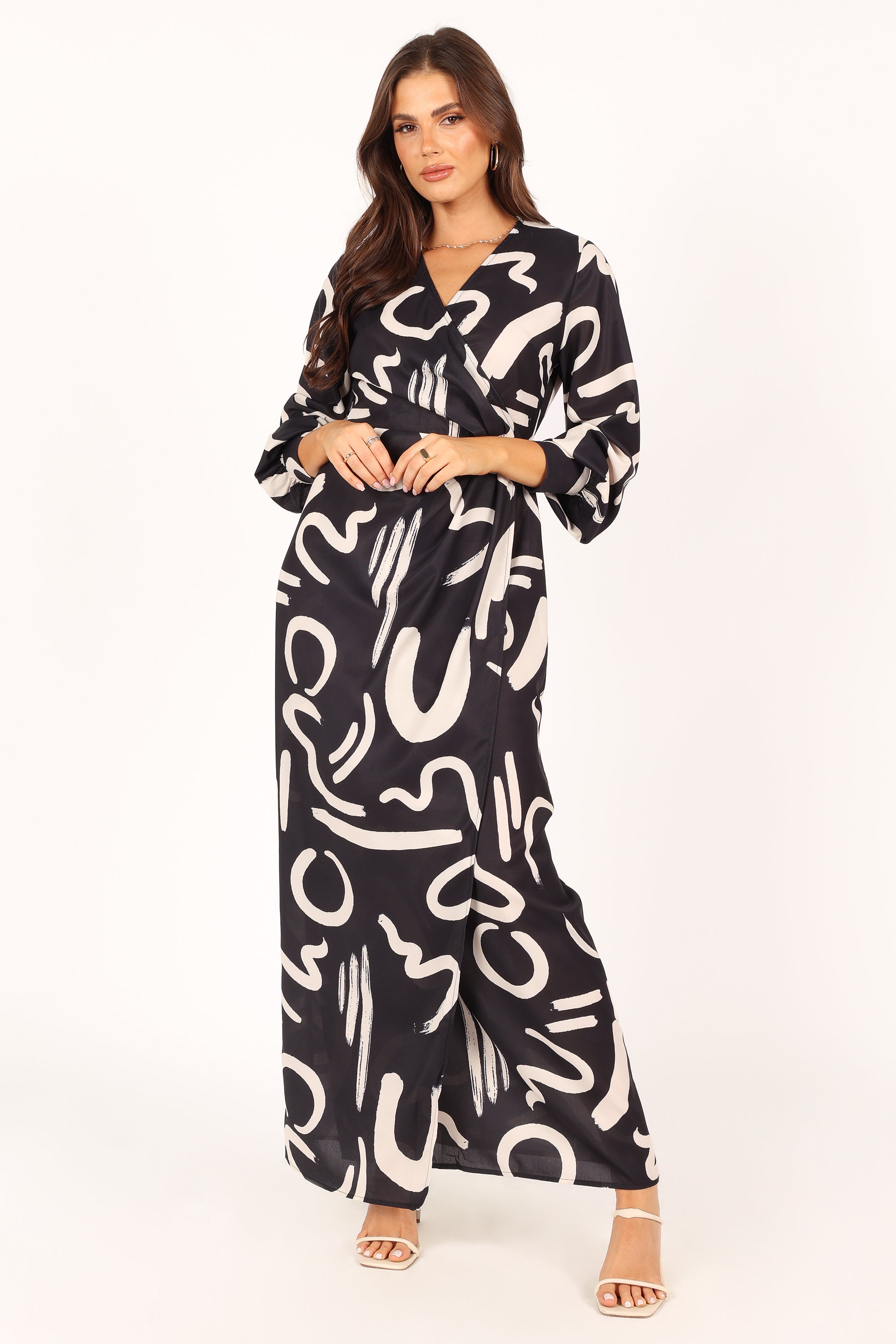 Elegant Helen Long Sleeve Maxi Dress for Women - Black & White Flowy Evening Gown | Perfect for Weddings, Parties & Formal Events