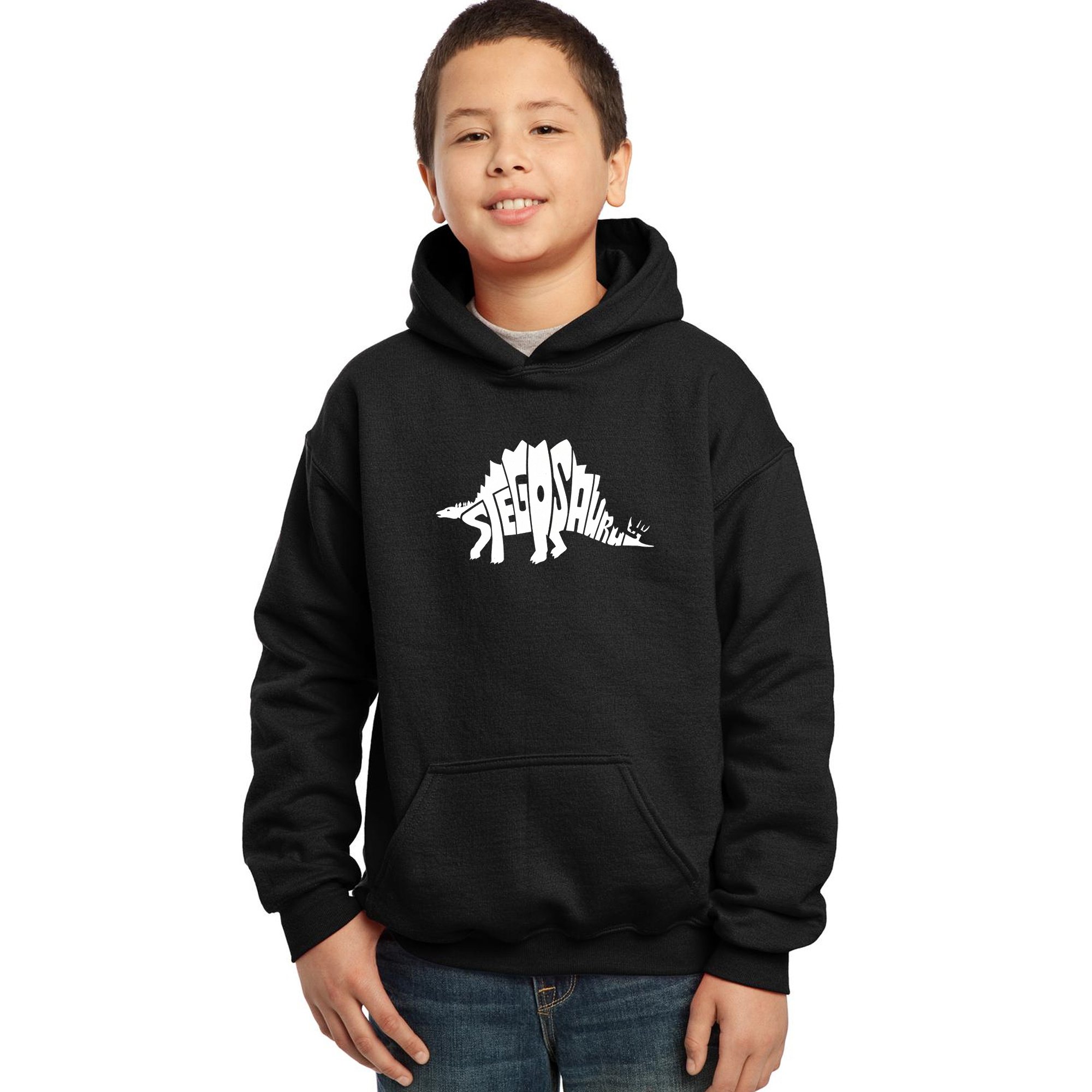 LA POP ART Boys' Word Art Hooded Sweatshirt - STEGOSAURUS Dinosaur Graphic Pullover | Trendy Kids' Hoodie for School, Playdates & Outdoor Activities