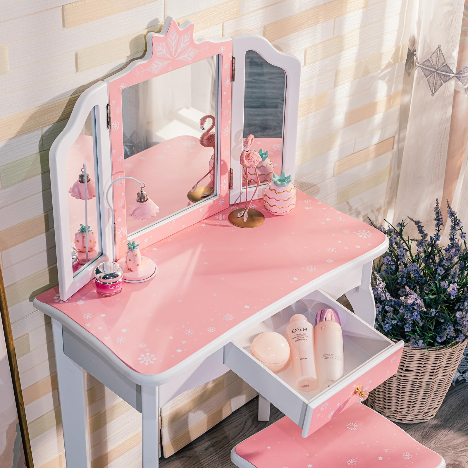 Memoryfield Kids Vanity Set - Wooden Princess Makeup Dressing Table with Mirror, Stool & Drawer | 2-in-1 Toddler Vanity for Girls | Pretend Play, Birthday Gift & Bedroom Decor (Pink/White) - Perfect for Playroom, Nursery or Girls' Bedroom