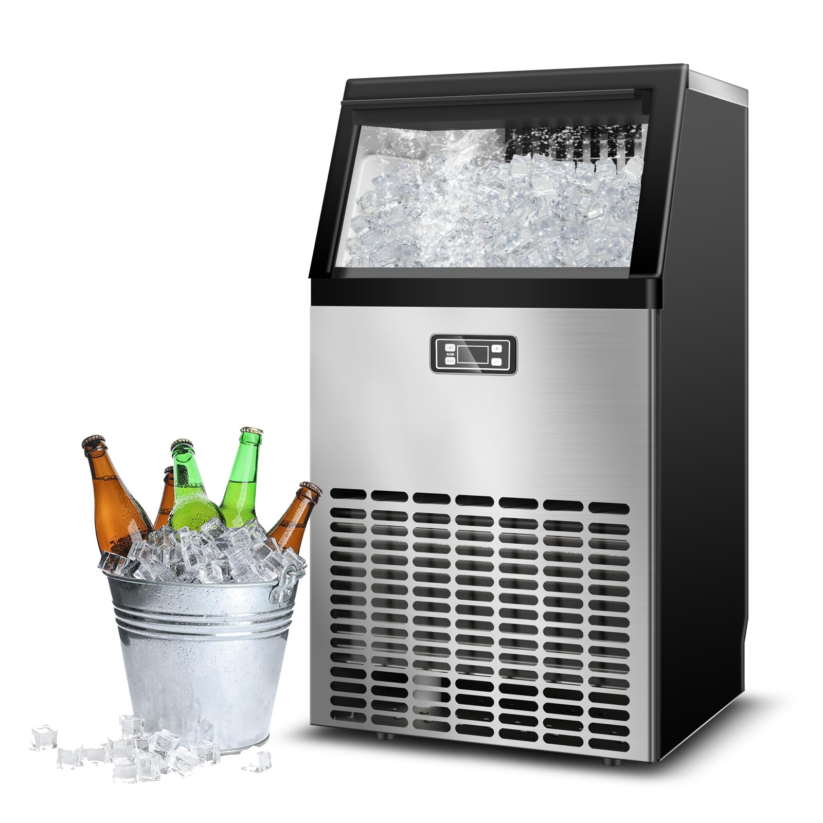 120lbs/24H Commercial Ice Maker Machine - Stainless Steel Under Counter Ice Machine with 33lbs Storage, Self-Clean, 48 Cubes/11mins - Perfect for Restaurants, Bars, Cafes, and Home Use