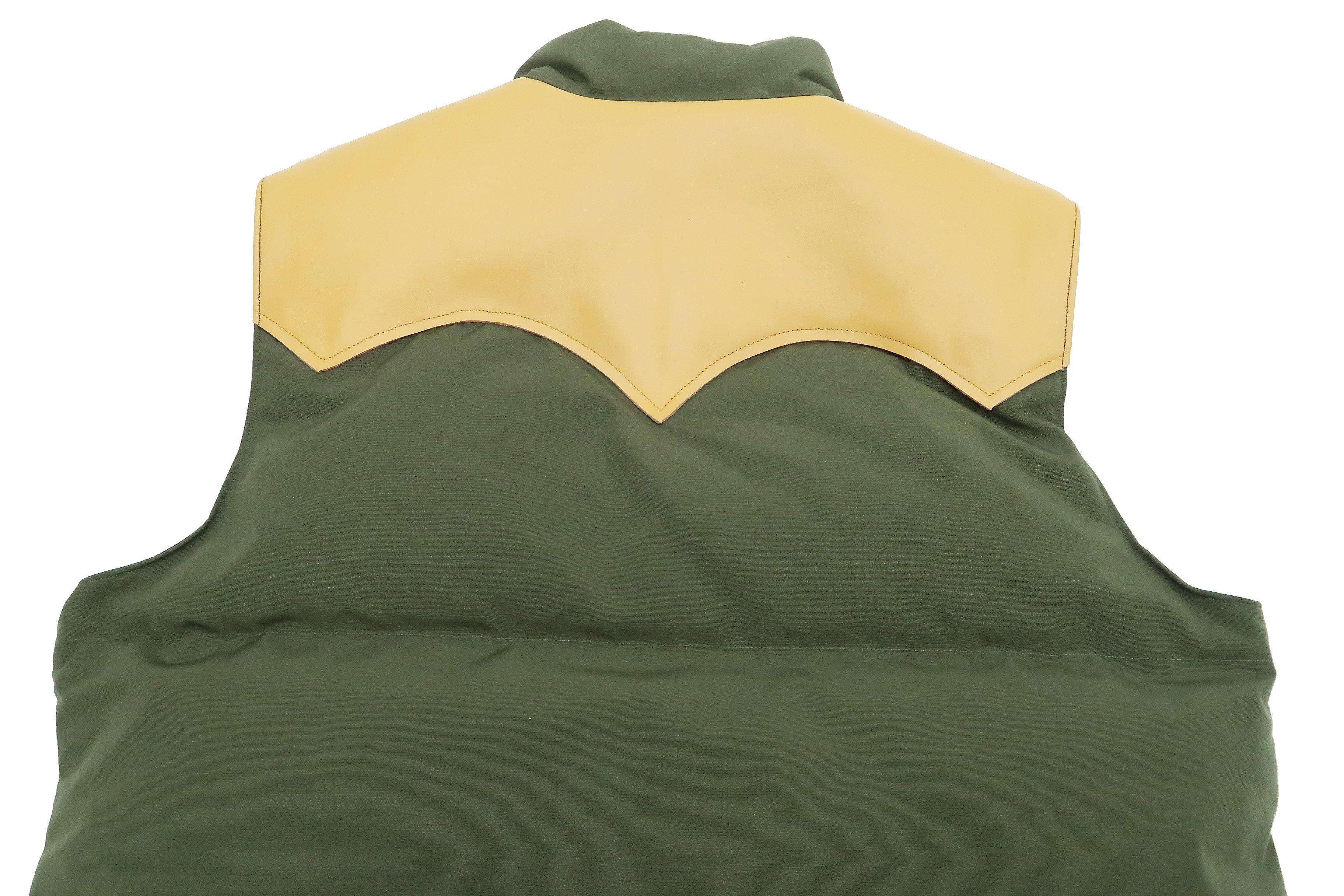 Men's Sugar Cane Down Vest with Leather Yoke Panel - Winter Warm Puffer Vest SC15222 in Olive/Camel - Outdoor Activities & Casual Wear