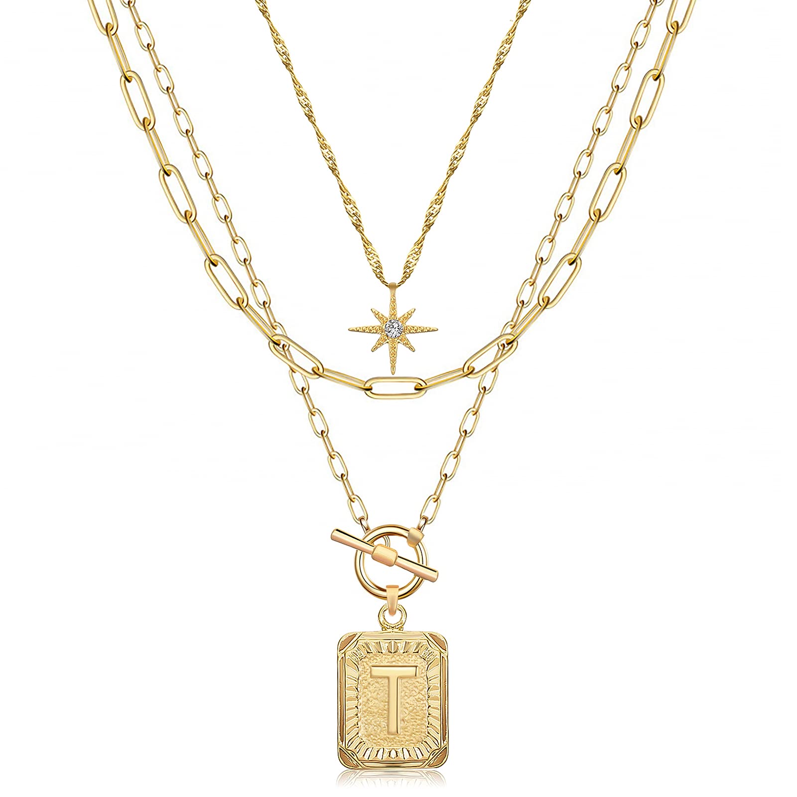 MJartoria Women's 14K Gold Plated Initial Necklace - Trendy Layered Star Choker with Square Letter Pendant & Paperclip Chain - Elegant Gold Jewelry Gift for Her - Perfect for Birthdays, Anniversaries and Everyday Wear