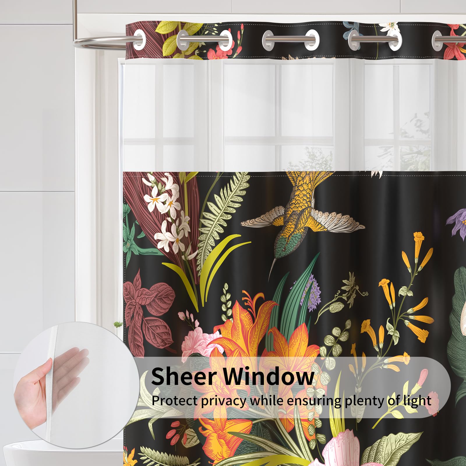 Floral Shower Curtain with Snap-in Liner - Waterproof Fabric Bathroom Curtain Set with Mesh Top Window, 72x75 Inch, No Hooks Needed - Perfect for Modern Bathrooms, Guest Baths & Spa-Like Showers