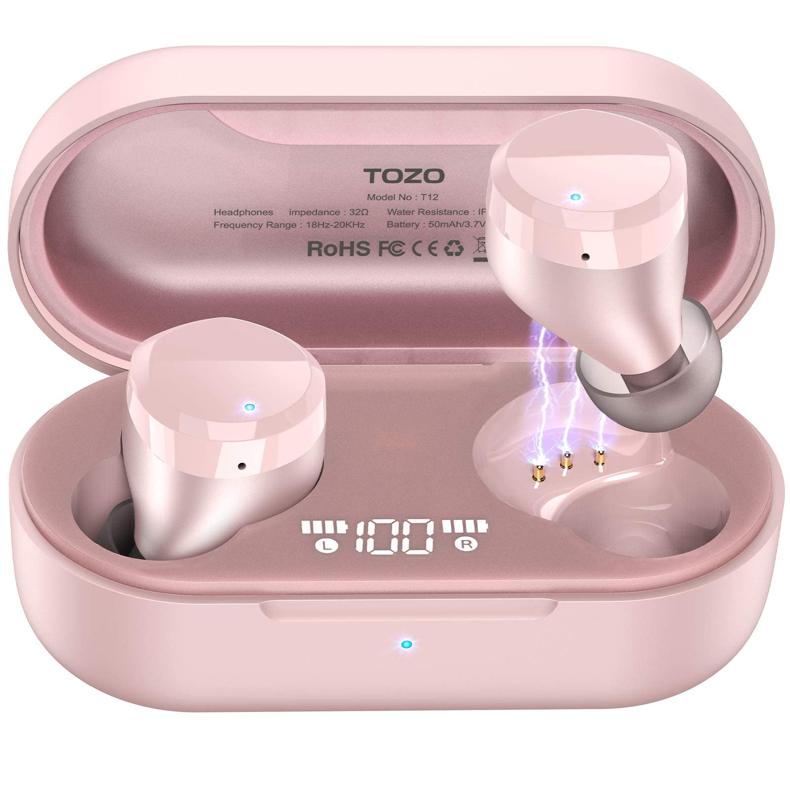 TOZO T12 Wireless Earbuds Bluetooth 5.3 Headphones with Premium Sound, Wireless Charging Case, IPX8 Waterproof, Built-in Mic - Rose Gold (Renewed) for Gym, Running, Travel & Work Calls