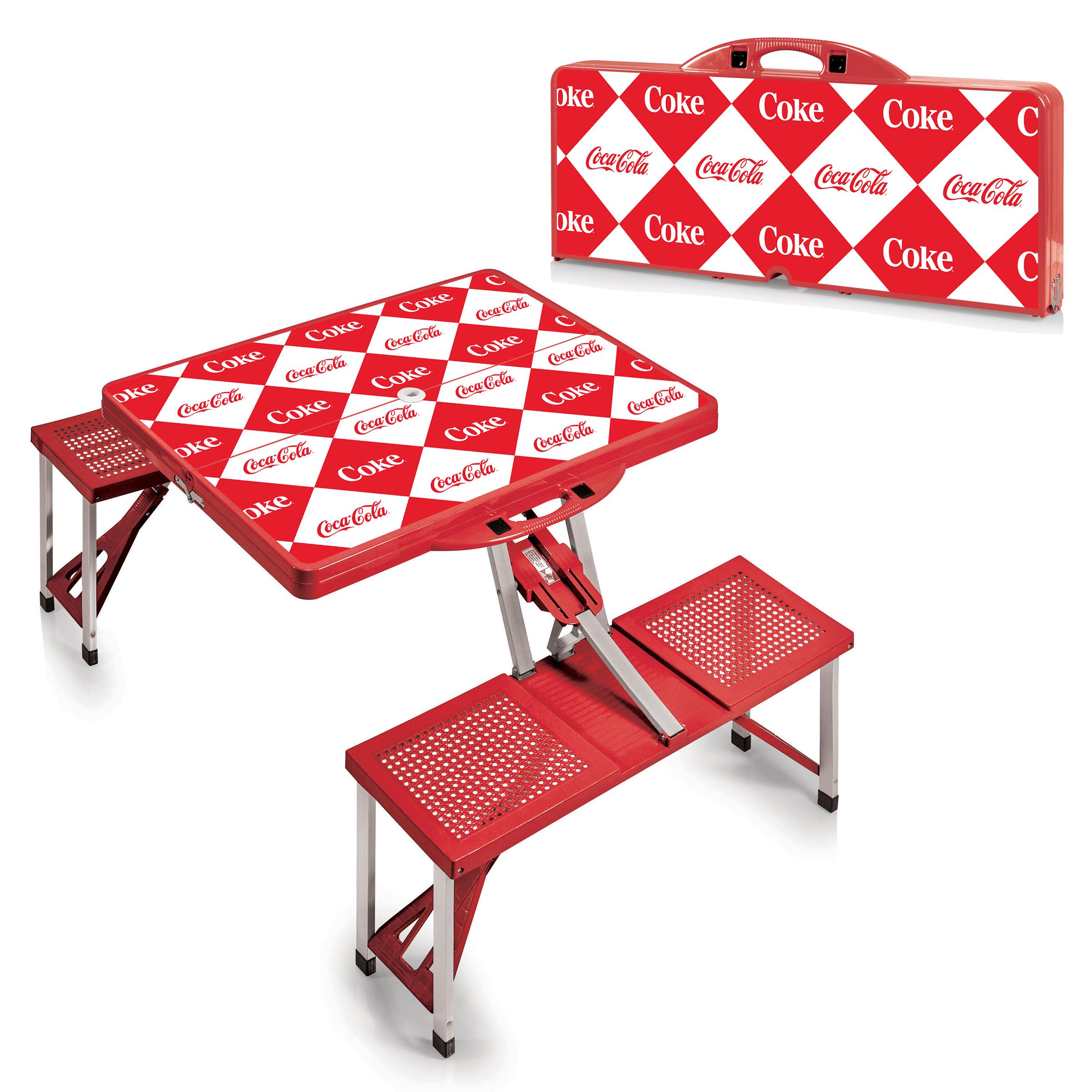 Picnic TIME Coca-Cola Folding Picnic Table - Portable Camping Table with Umbrella Hole for Outdoor, Beach, BBQ & Tailgating Parties