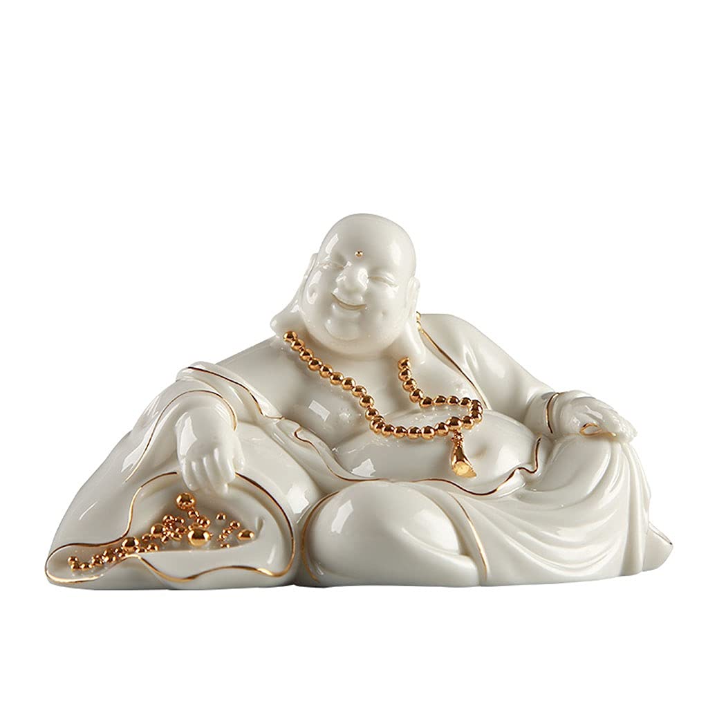Laughing Buddha Statue - White Porcelain Sculpture for Good Luck, Happiness, Wealth & Peace - Buddhist Home & Office Decor for Meditation Room, Living Room & Workspace