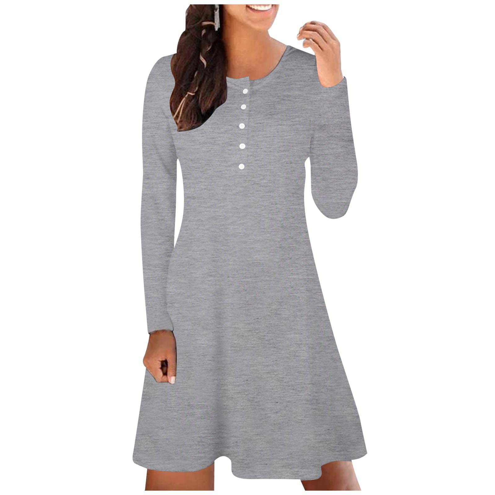 Women's Plus Size Fall Winter Dress - Casual Loose Long Sleeve Round Neck Button Front Solid Color Dress for Work, Party & Everyday Wear