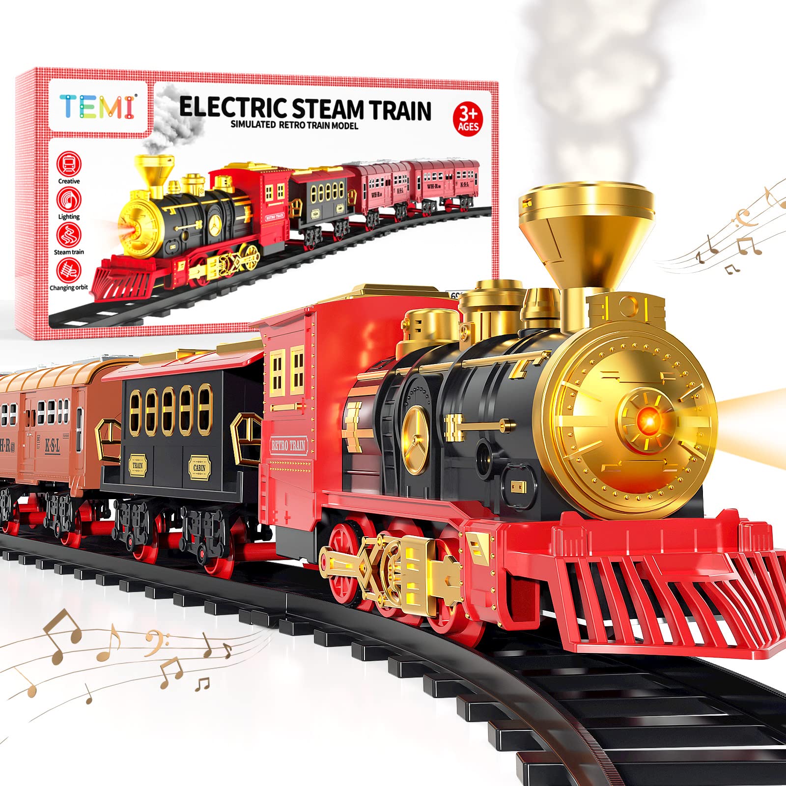 TEMI Rechargeable Battery Operated Train Set with Steam Locomotive, Cargo Car & 100+ Piece Track - Light, Sound & Smoke Effects Toy for Kids Ages 3-7 | Perfect Gift for Boys & Girls | Preschool Learning Toy for Imaginative Play & Birthday Parties